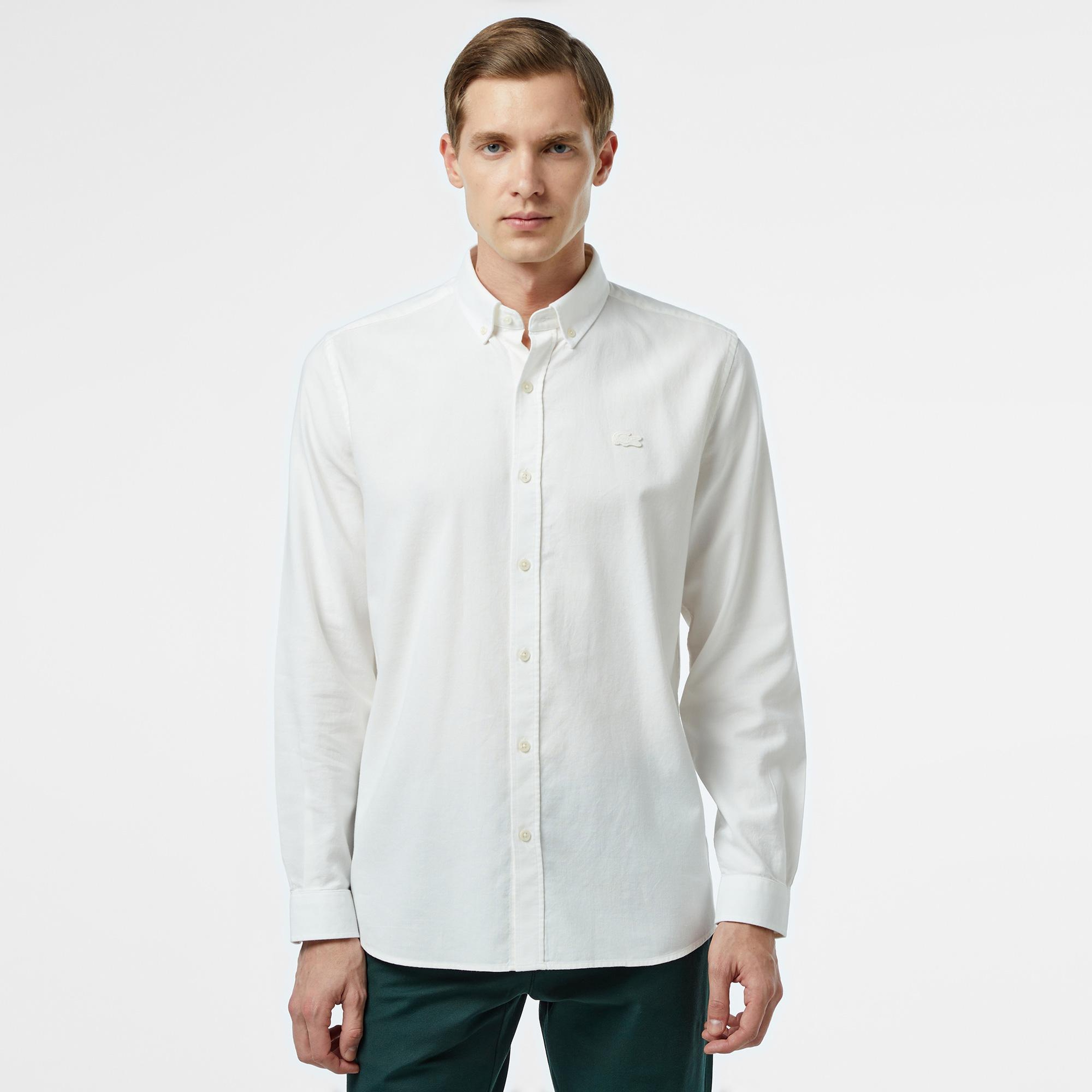 Erkek Slim Fit Düğmeli Yaka Beyaz Gömlek