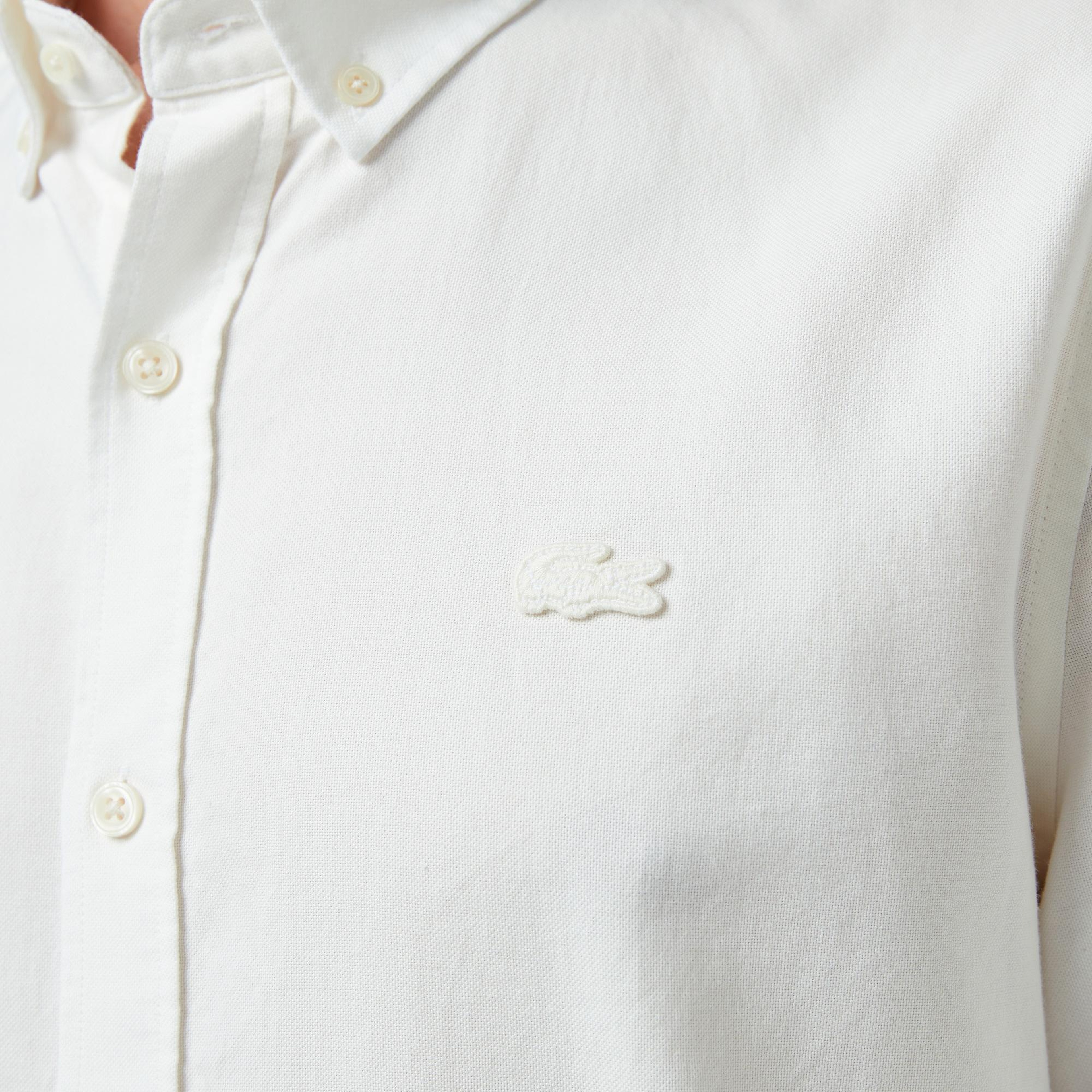 Erkek Slim Fit Düğmeli Yaka Beyaz Gömlek