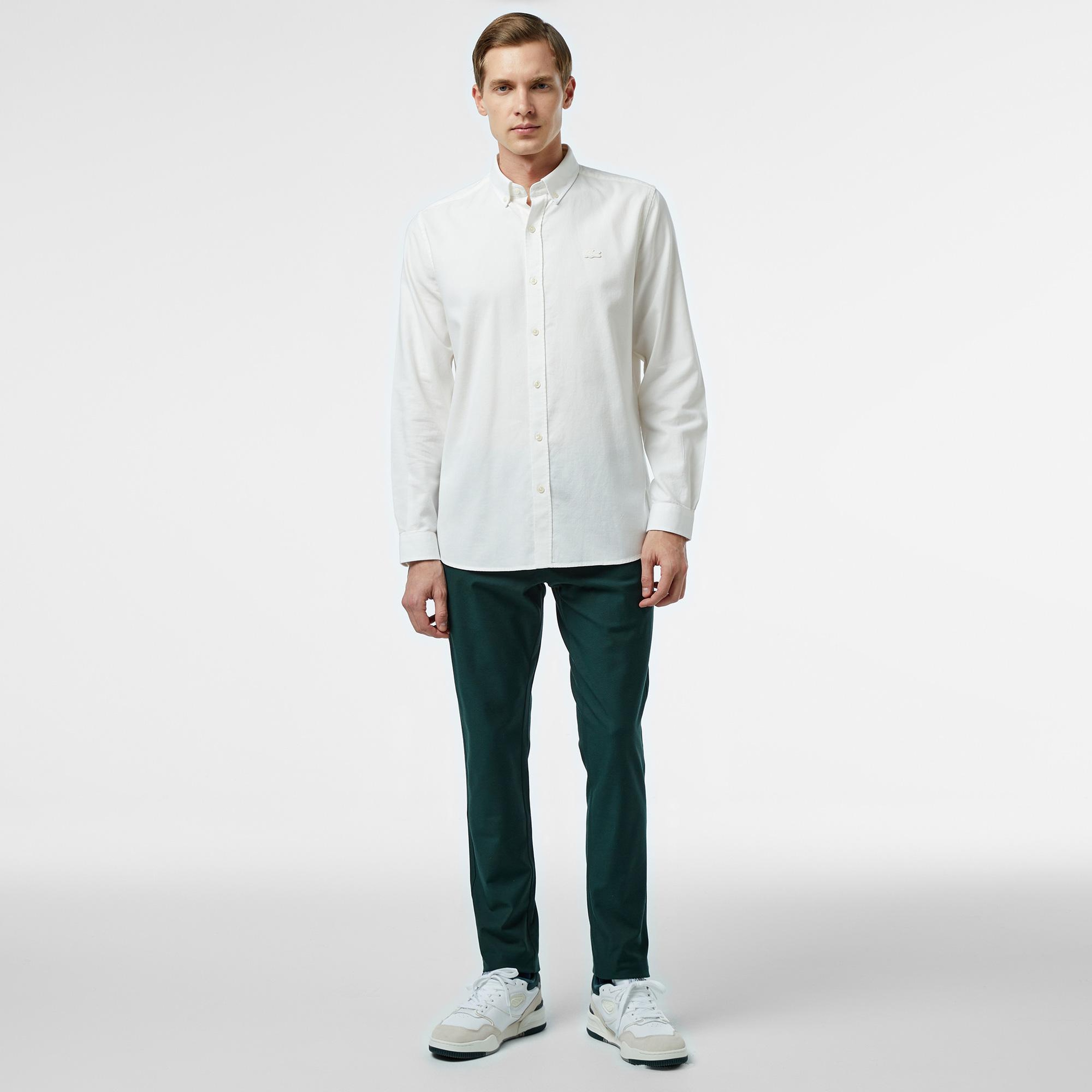 Erkek Slim Fit Düğmeli Yaka Beyaz Gömlek