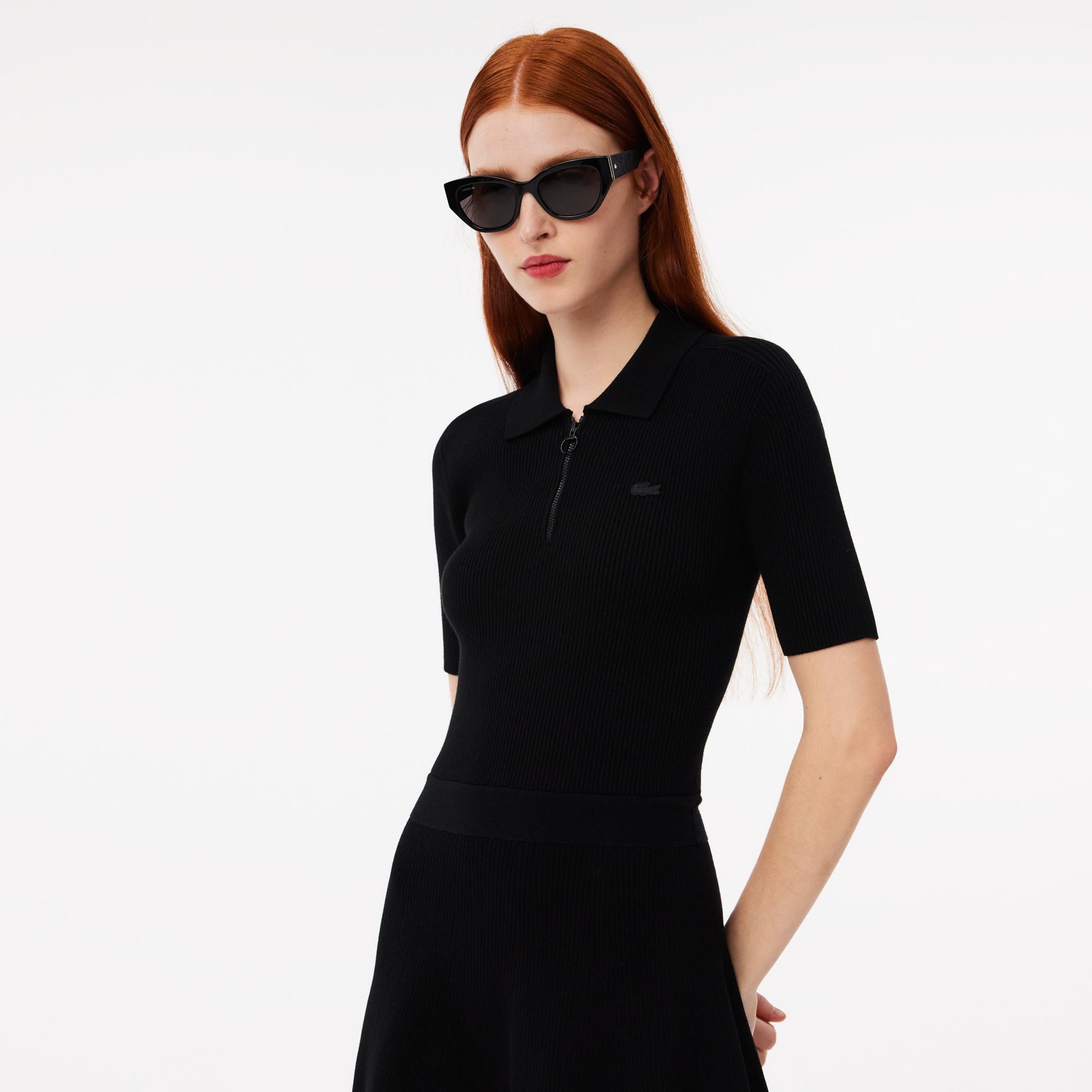 Kadın Slim Fit Kısa Kollu Polo Yaka Siyah Elbise