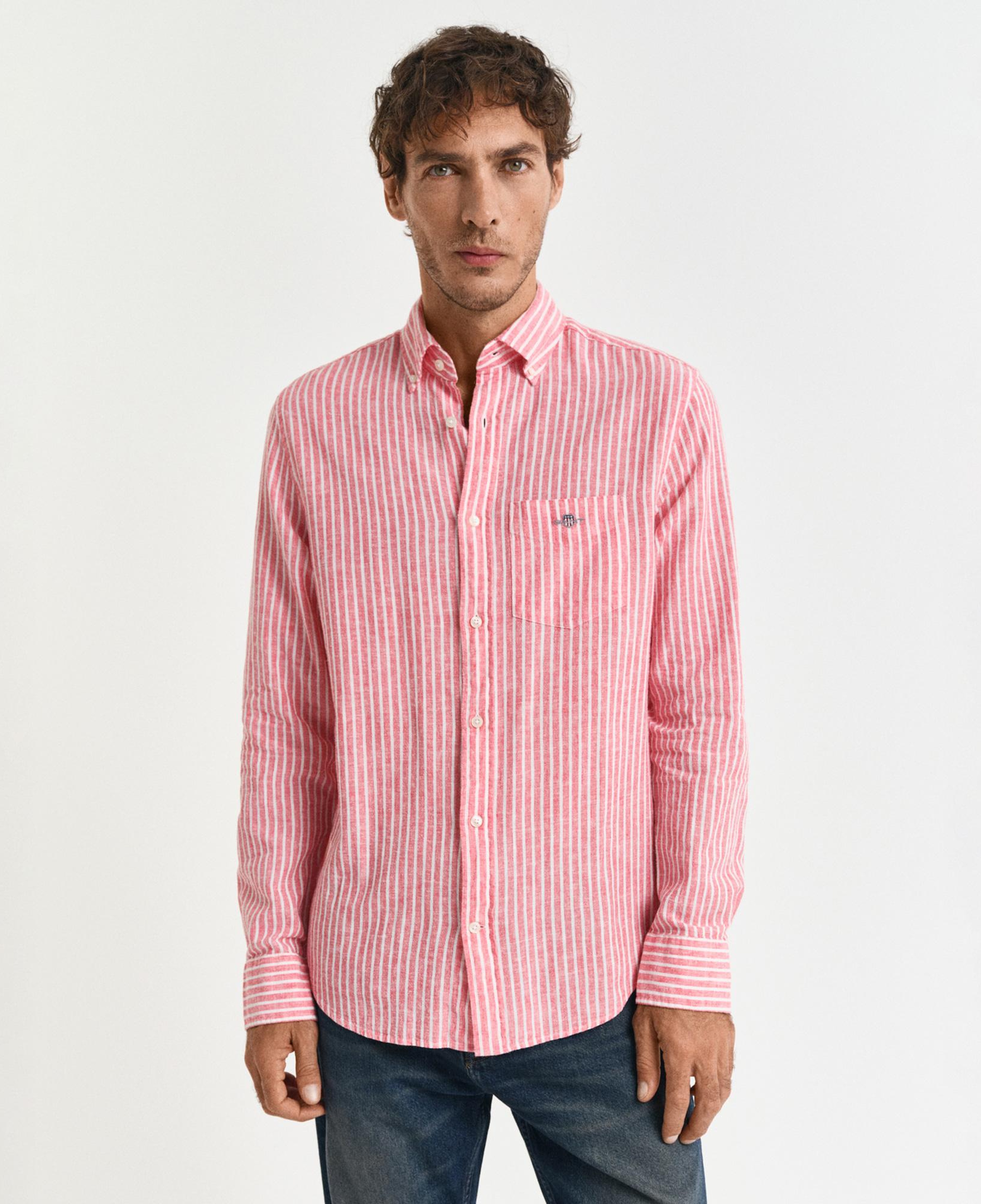 GANT Erkek Kırmızı Regular Fit Düğmeli Yaka Çizgili Keten Gömlek