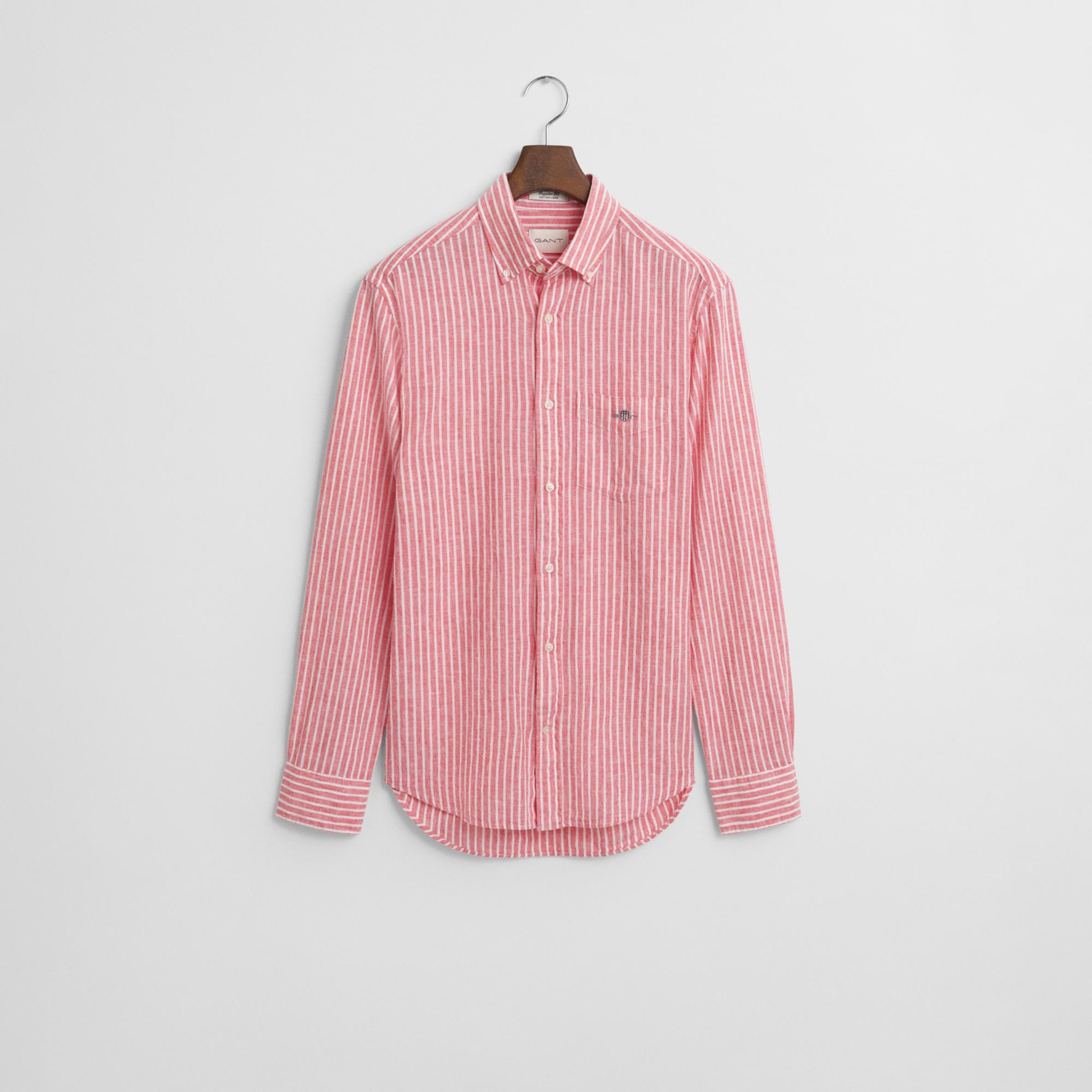 GANT Erkek Kırmızı Regular Fit Düğmeli Yaka Çizgili Keten Gömlek