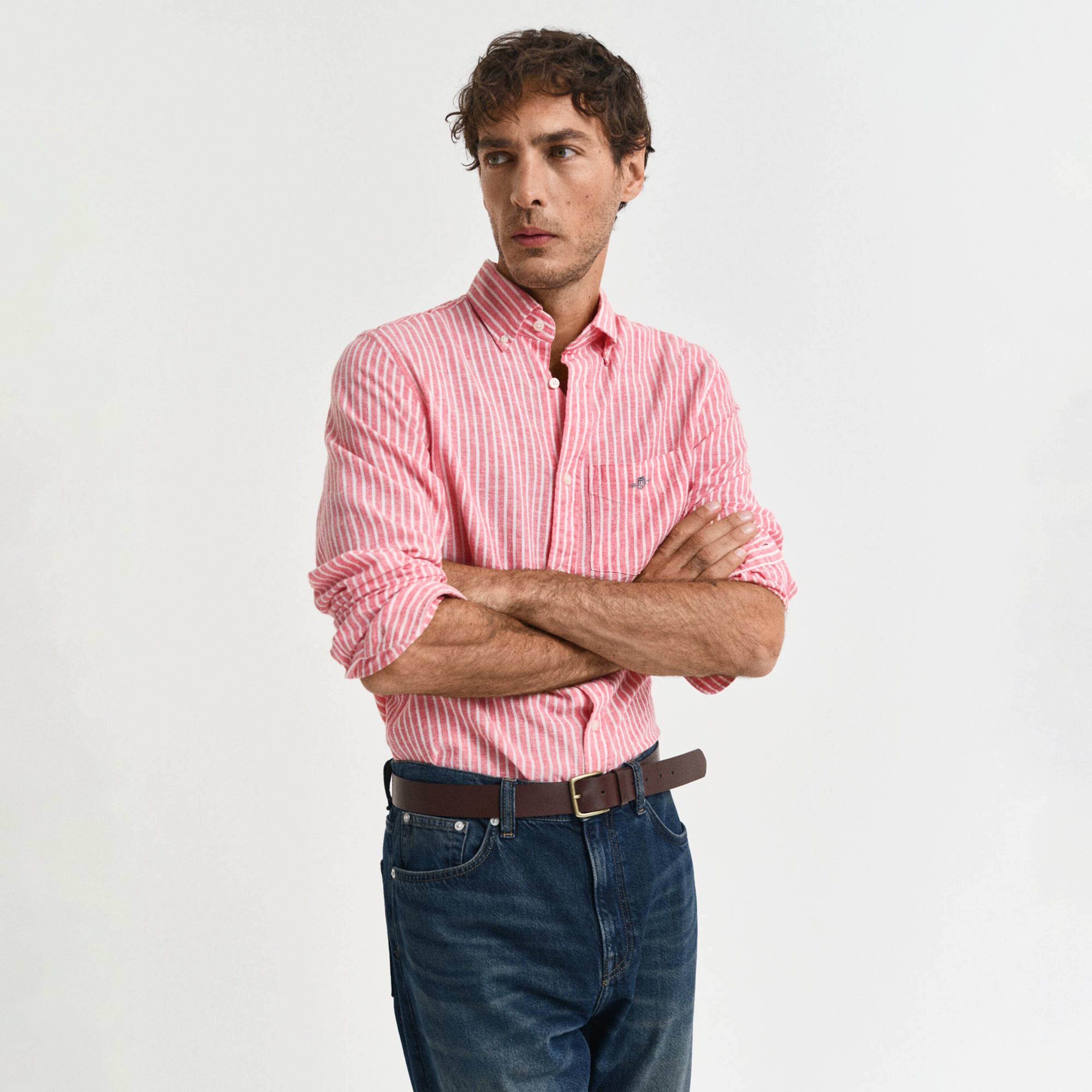 GANT Erkek Kırmızı Regular Fit Düğmeli Yaka Çizgili Keten Gömlek