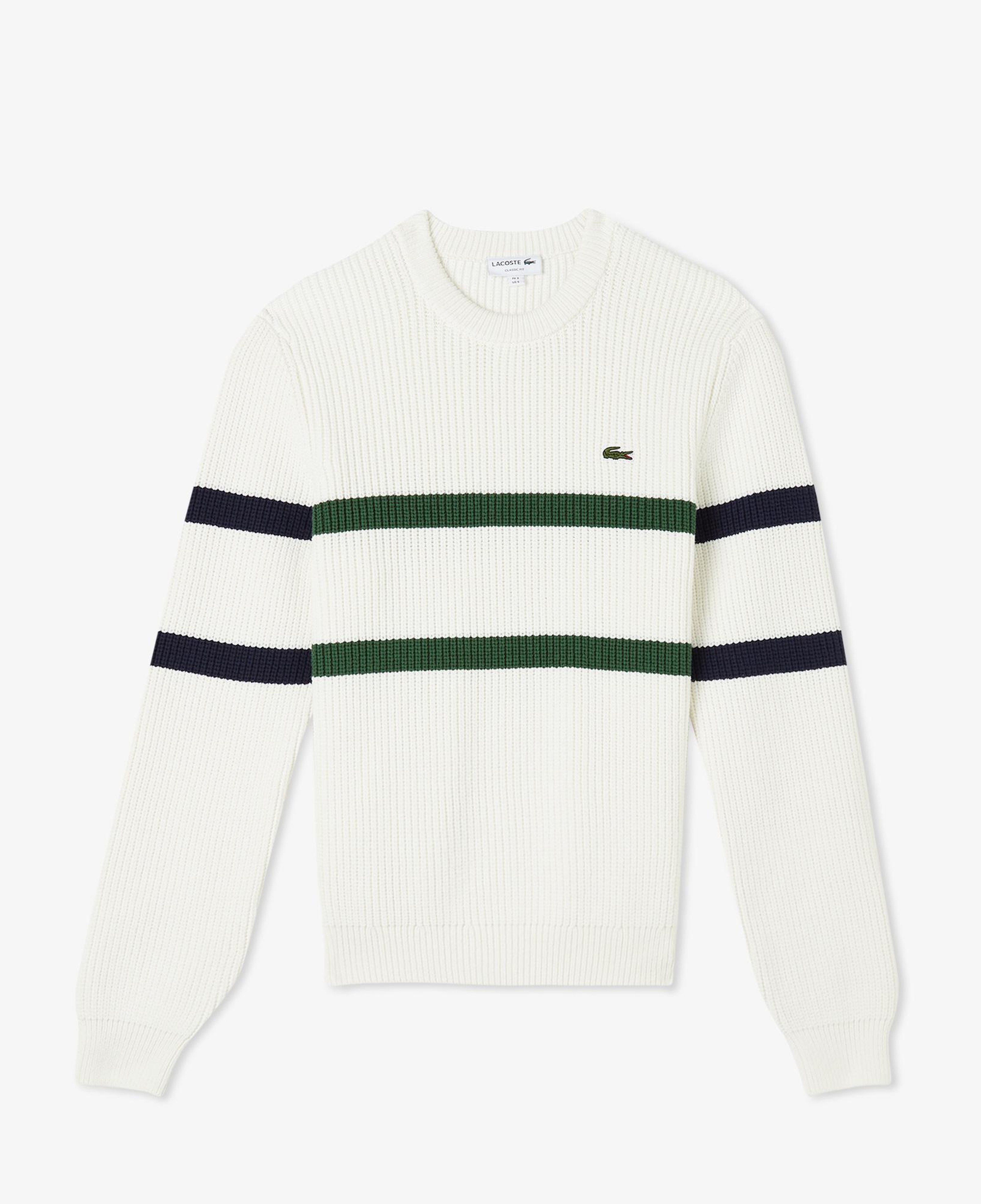 Erkek Relaxed Fit Bisiklet Yaka Çizgili Beyaz Kazak