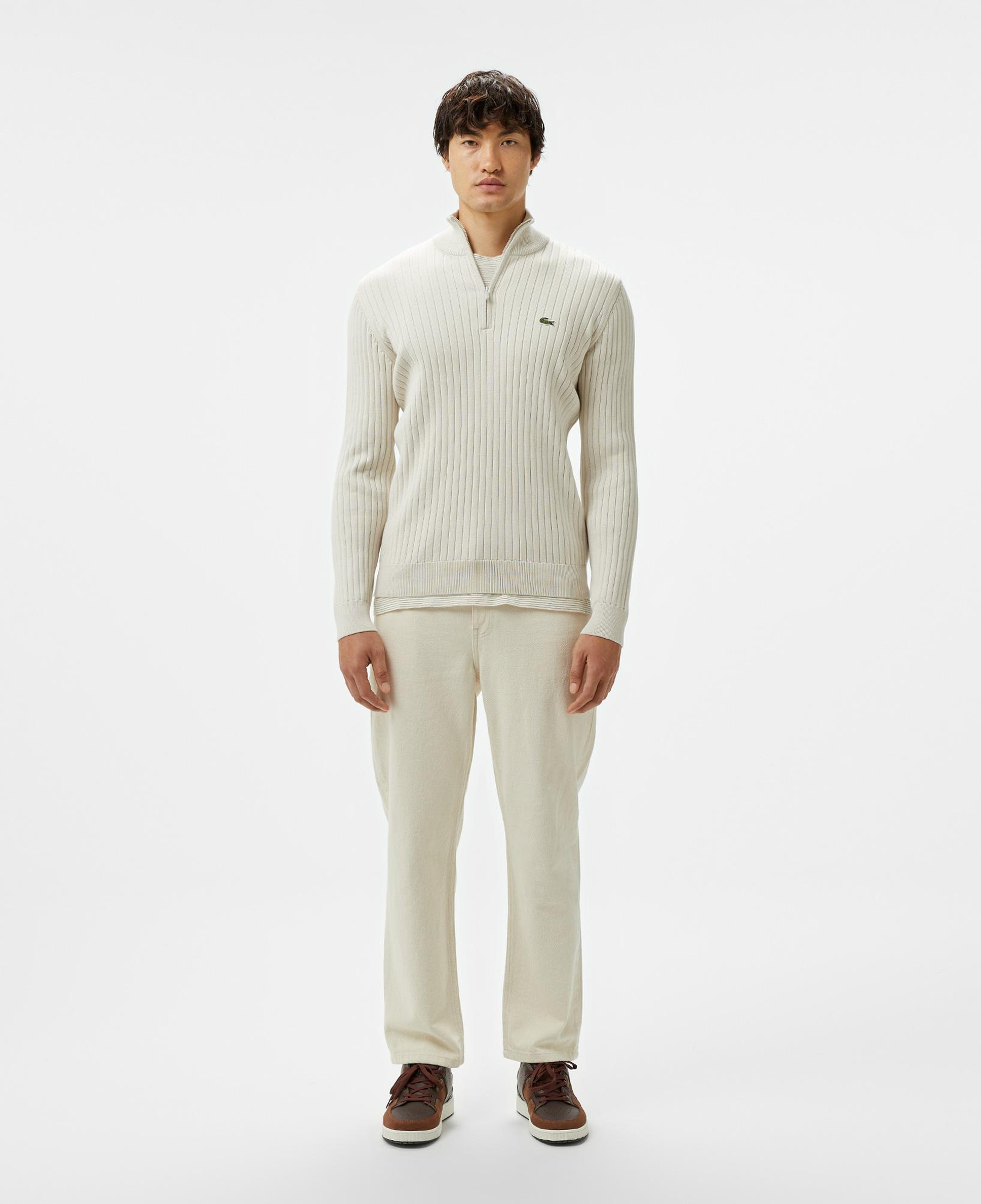 Erkek Relaxed Fit Yarım Fermuarlı Çizgili Krem Triko