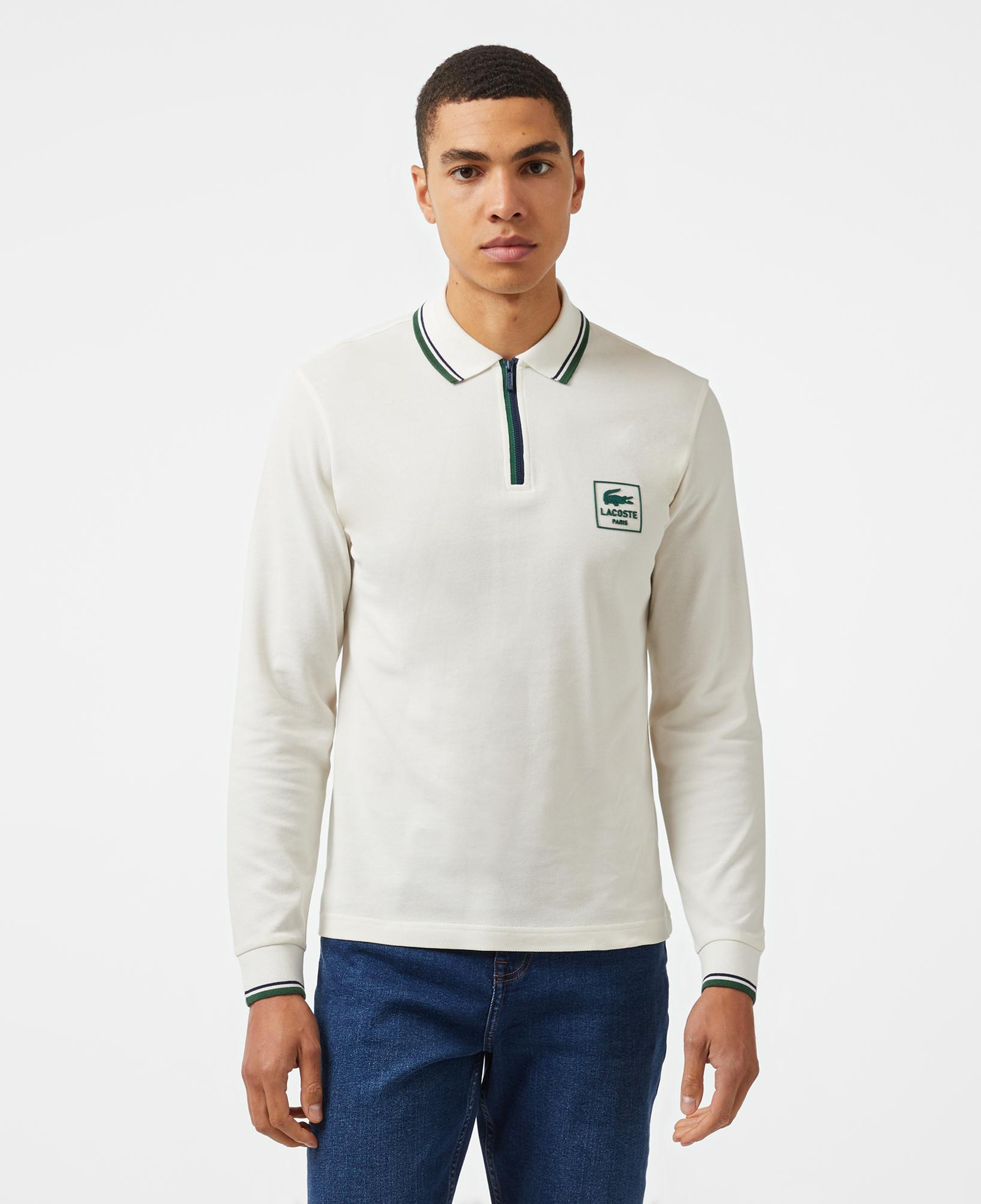 Erkek Regular Fit Uzun Kollu Yarım Fermuarlı Beyaz Polo