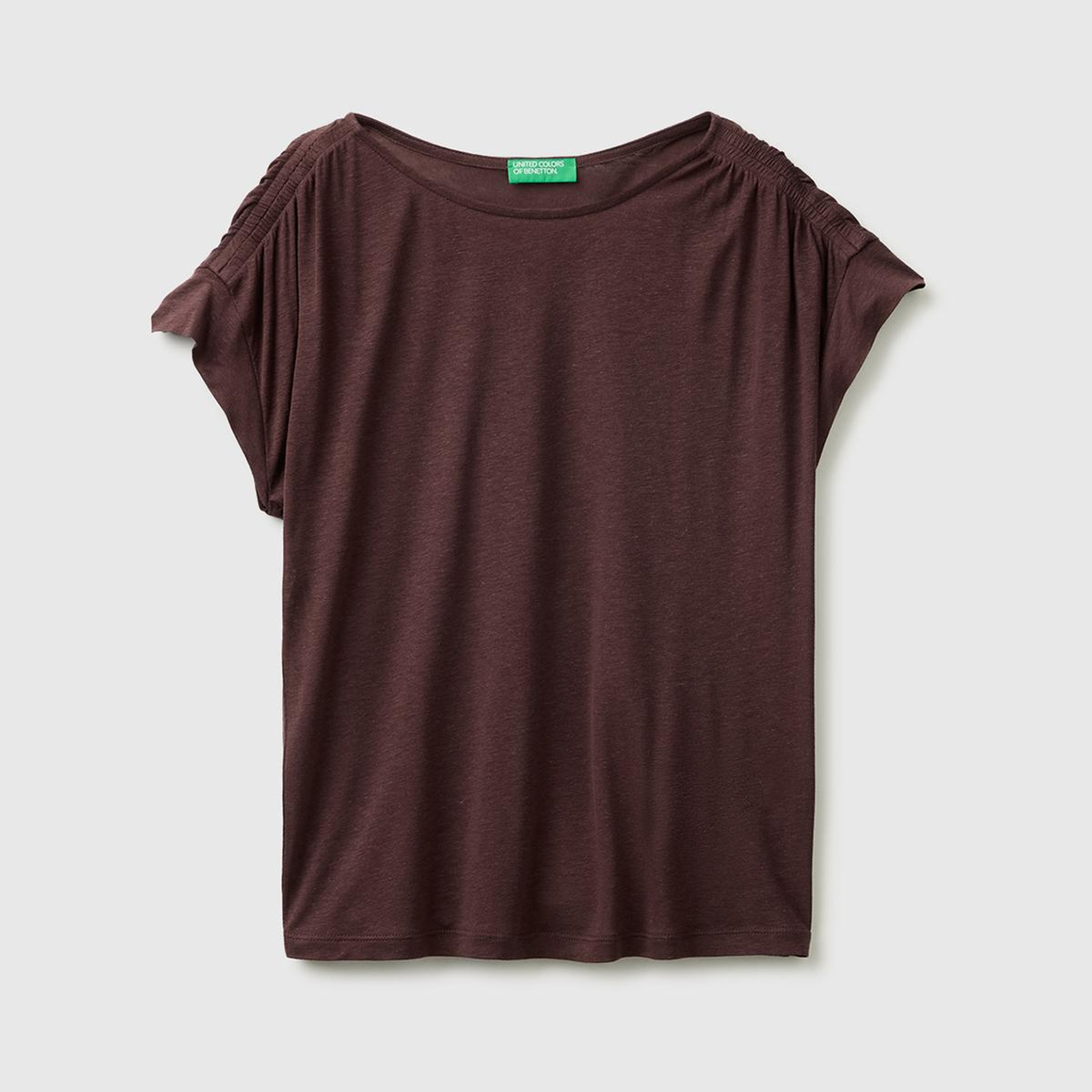 Kadın Kahverengi Keten Liyosel Karışımlı Omuzları Büzgü Detaylı T-Shirt