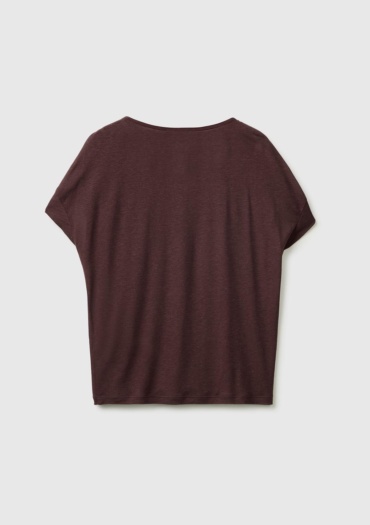 Kadın Kahverengi Keten Liyosel Karışımlı Omuzları Büzgü Detaylı T-Shirt