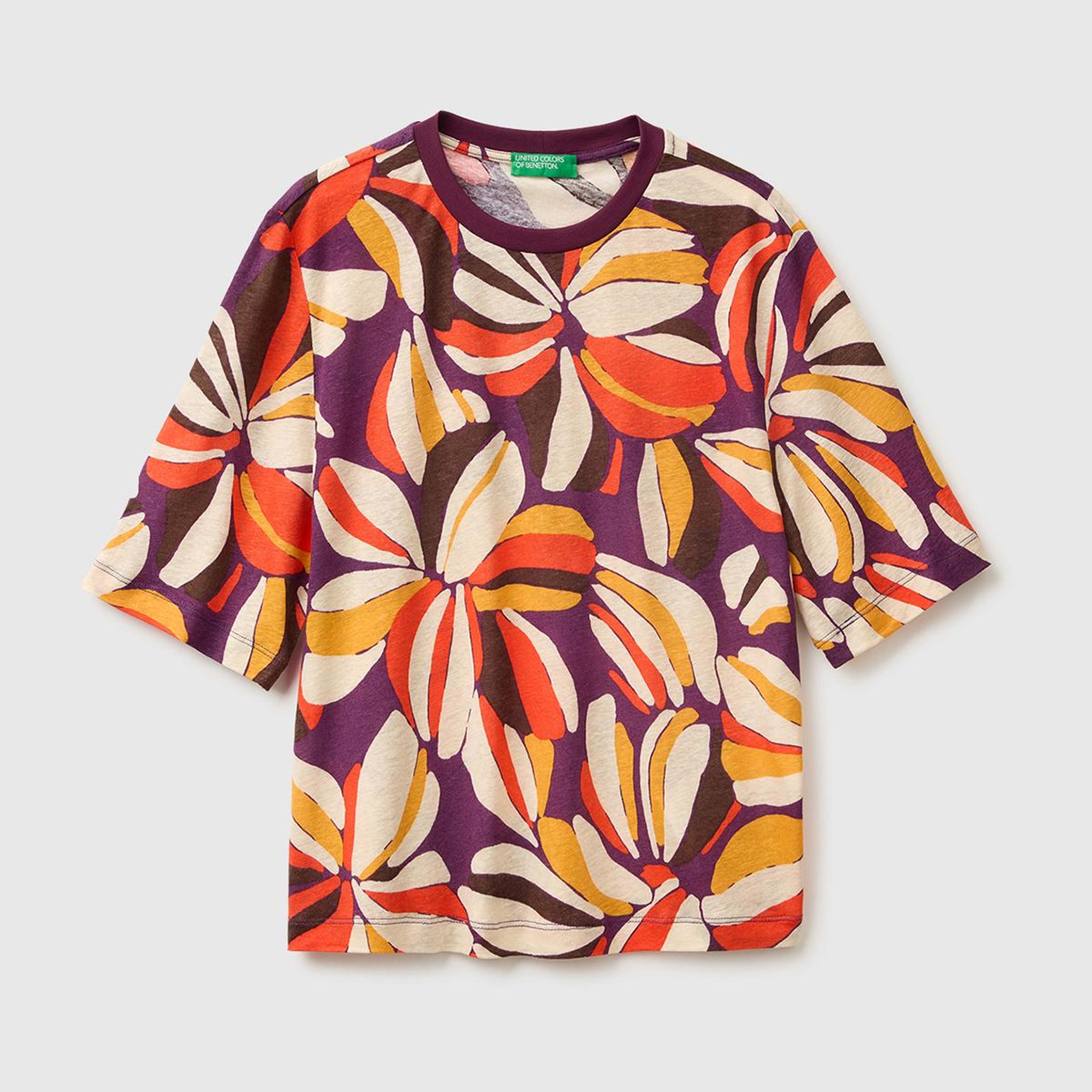Kadın Mor Mix Keten Viskoz Karışımlı Baskılı Bisiklet Yaka T-Shirt