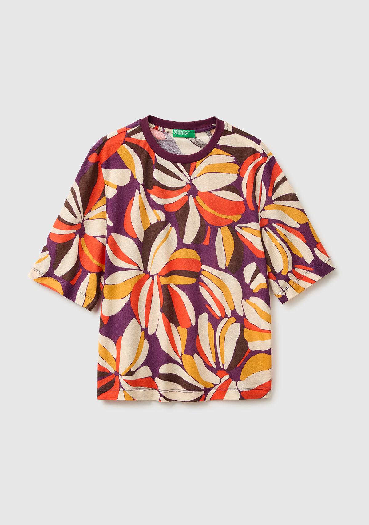 Kadın Mor Mix Keten Viskoz Karışımlı Baskılı Bisiklet Yaka T-Shirt