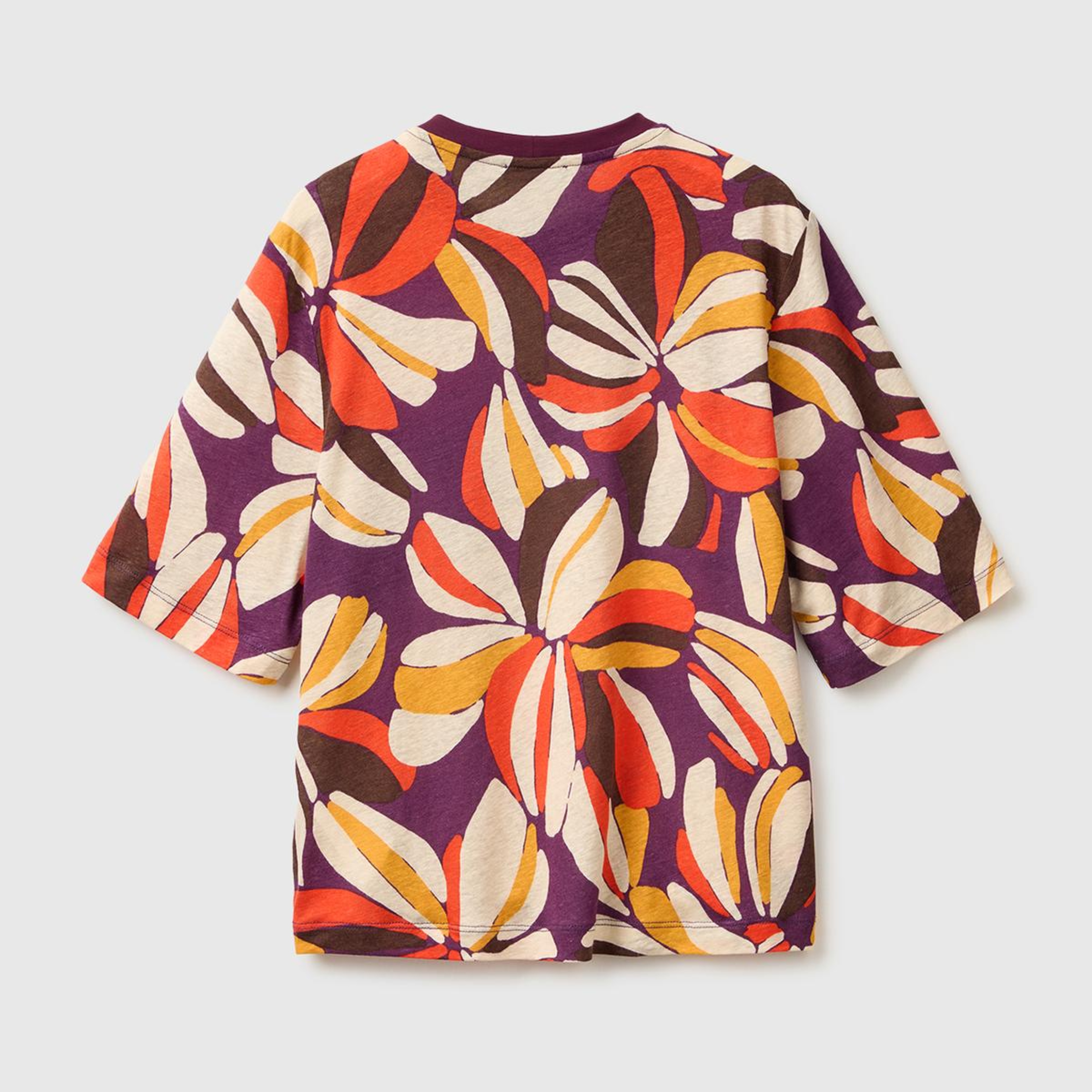 Kadın Mor Mix Keten Viskoz Karışımlı Baskılı Bisiklet Yaka T-Shirt