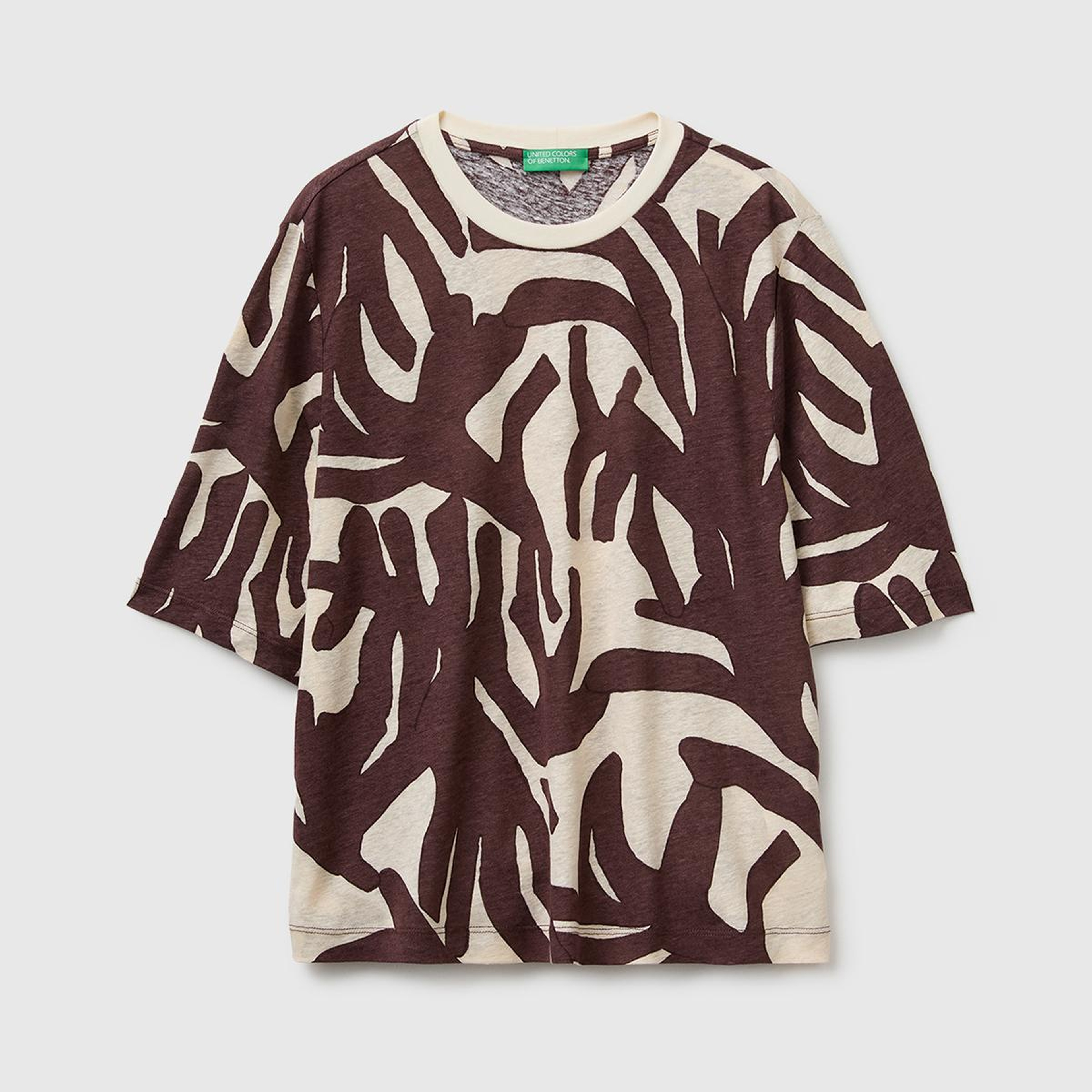 Kadın Kahverengi Keten Viskoz Karışımlı Baskılı Bisiklet Yaka T-Shirt