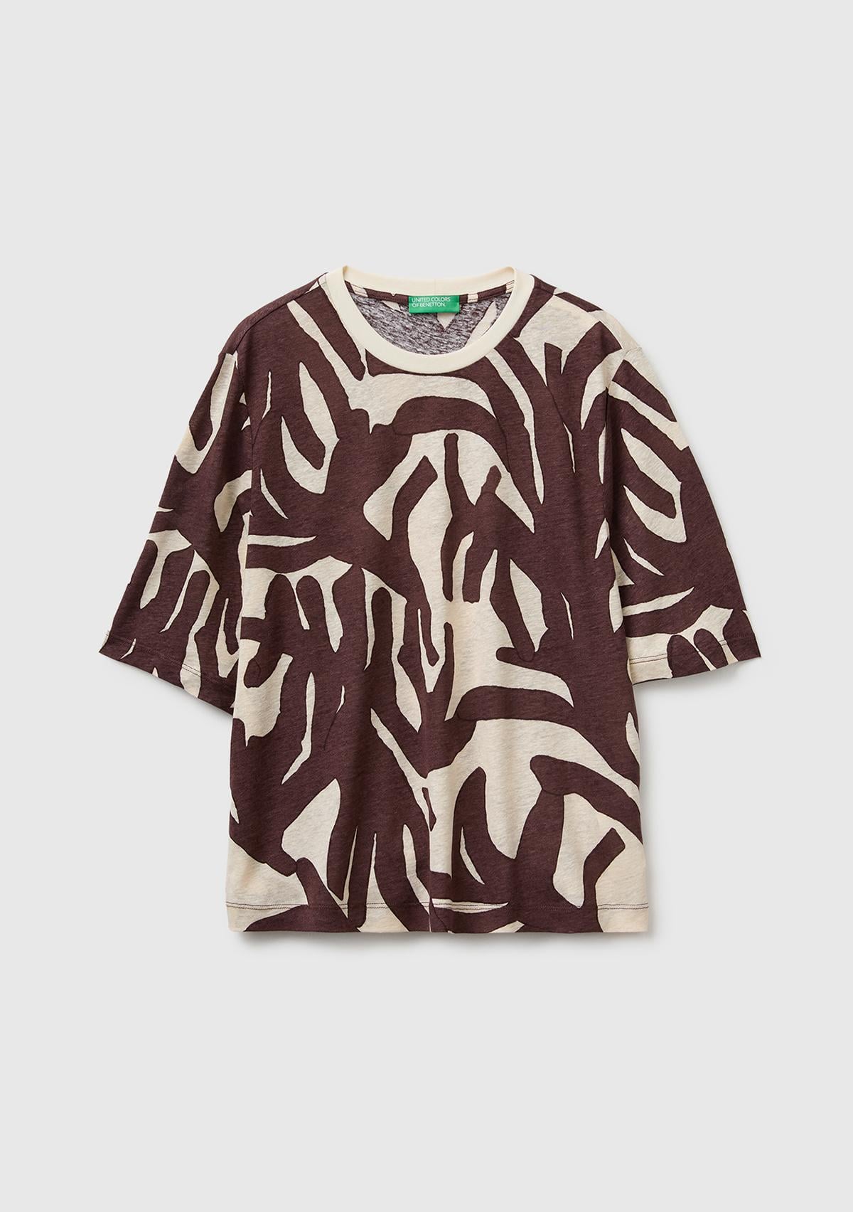 Kadın Kahverengi Keten Viskoz Karışımlı Baskılı Bisiklet Yaka T-Shirt