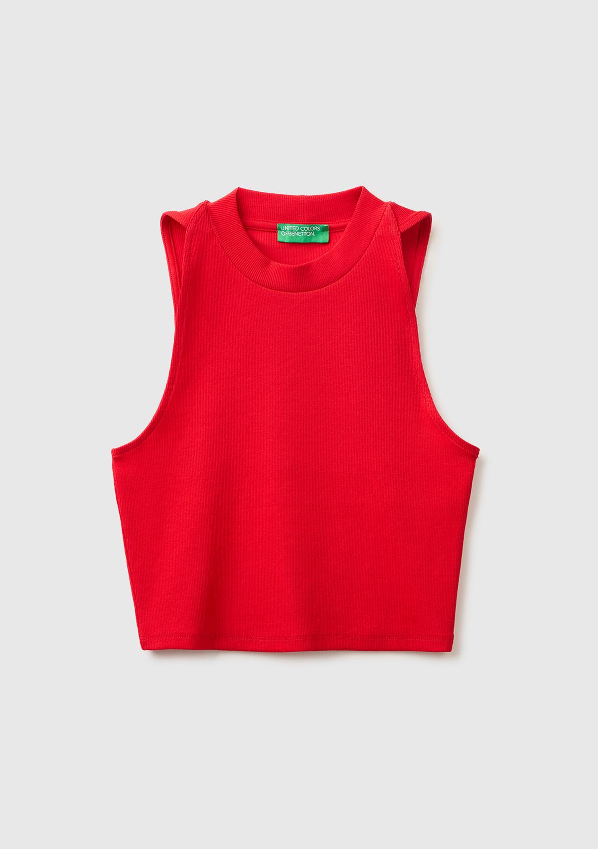 Kadın Kırmızı Pamuk Karışımlı Fitilli Bisiklet Yaka T-Shirt