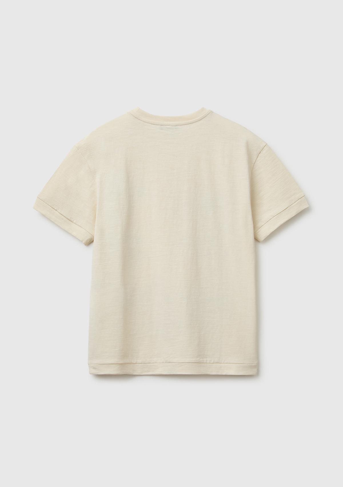 Erkek Çocuk Krem Önü Baskı Detaylı Bisiklet Yaka T-Shirt