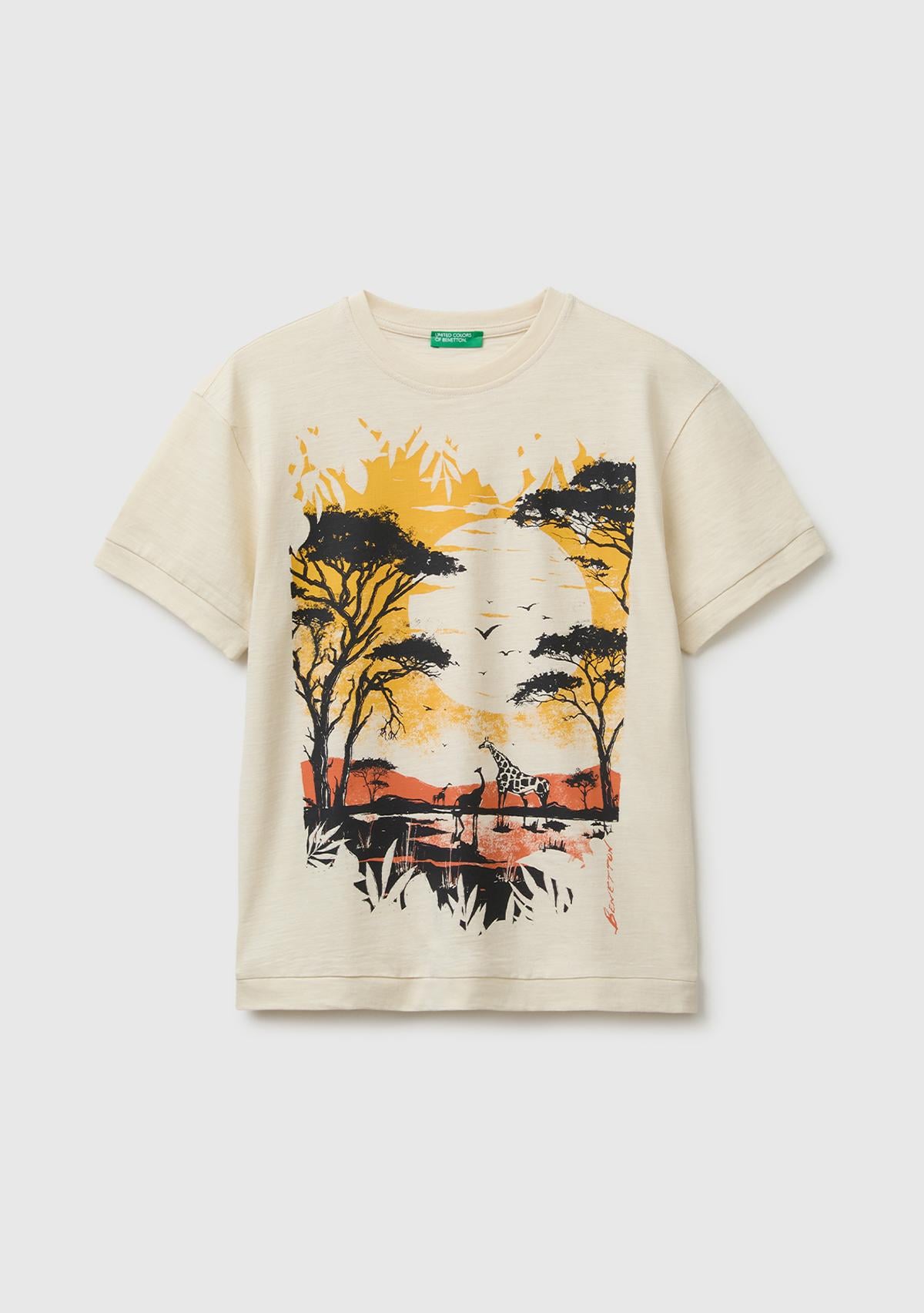 Erkek Çocuk Krem Önü Baskı Detaylı Bisiklet Yaka T-Shirt