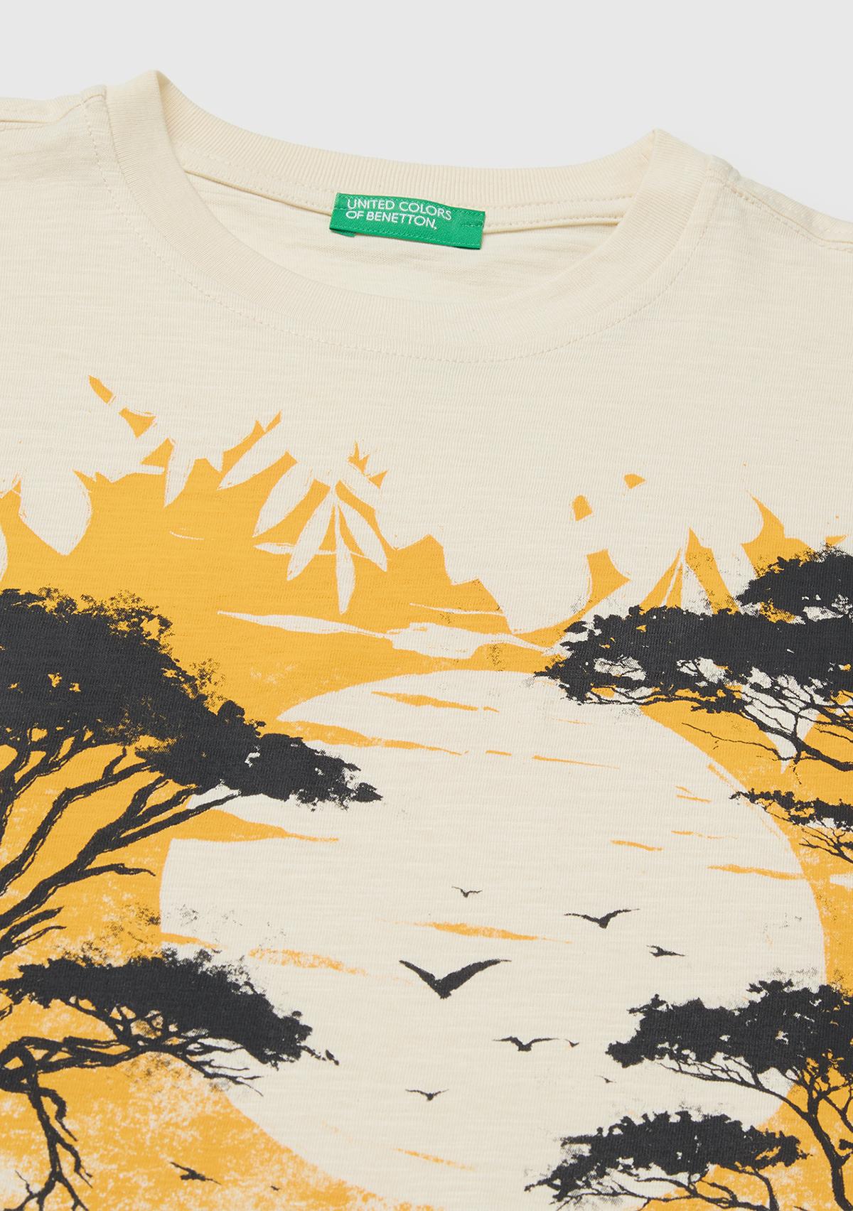 Erkek Çocuk Krem Önü Baskı Detaylı Bisiklet Yaka T-Shirt