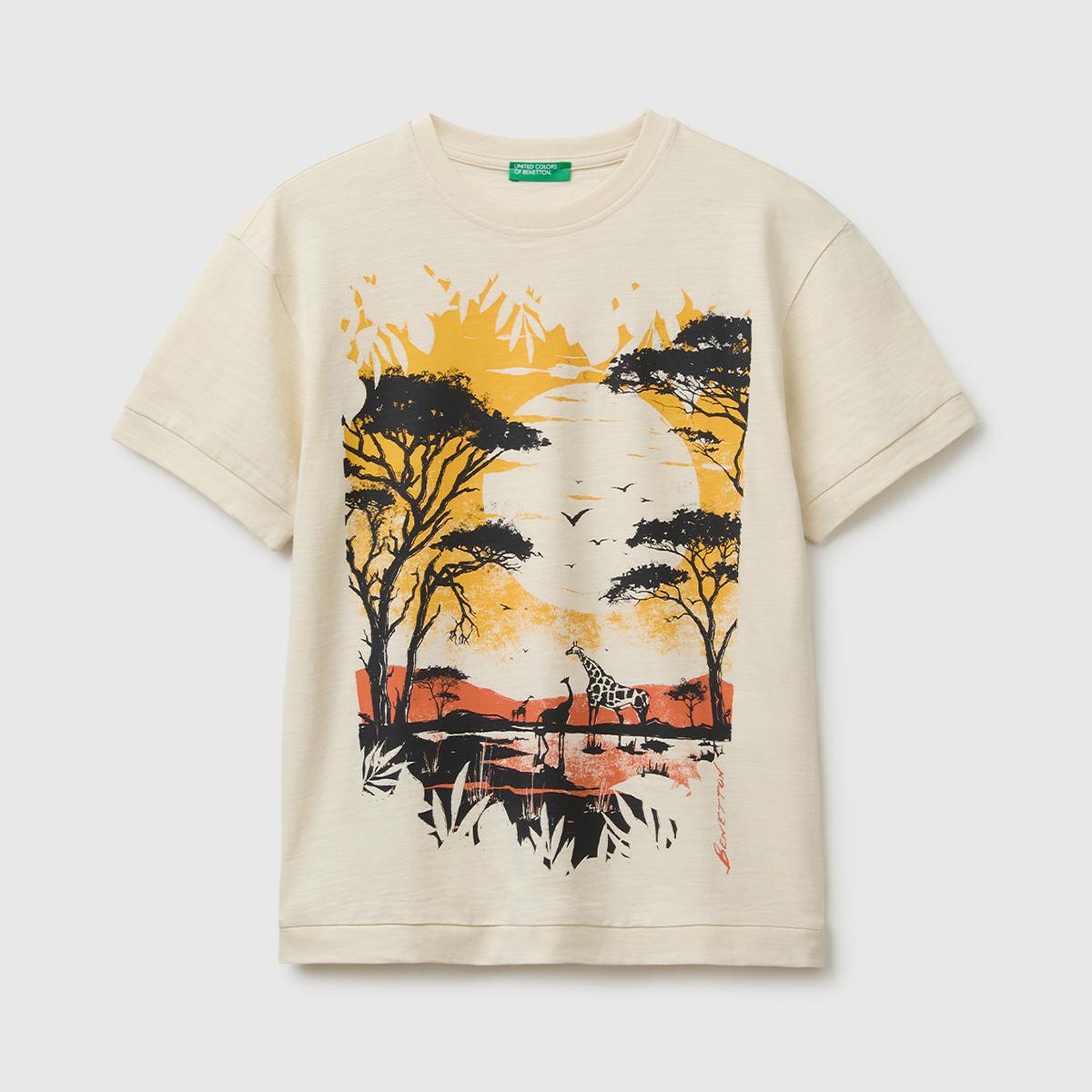 Erkek Çocuk Krem Önü Baskı Detaylı Bisiklet Yaka T-Shirt