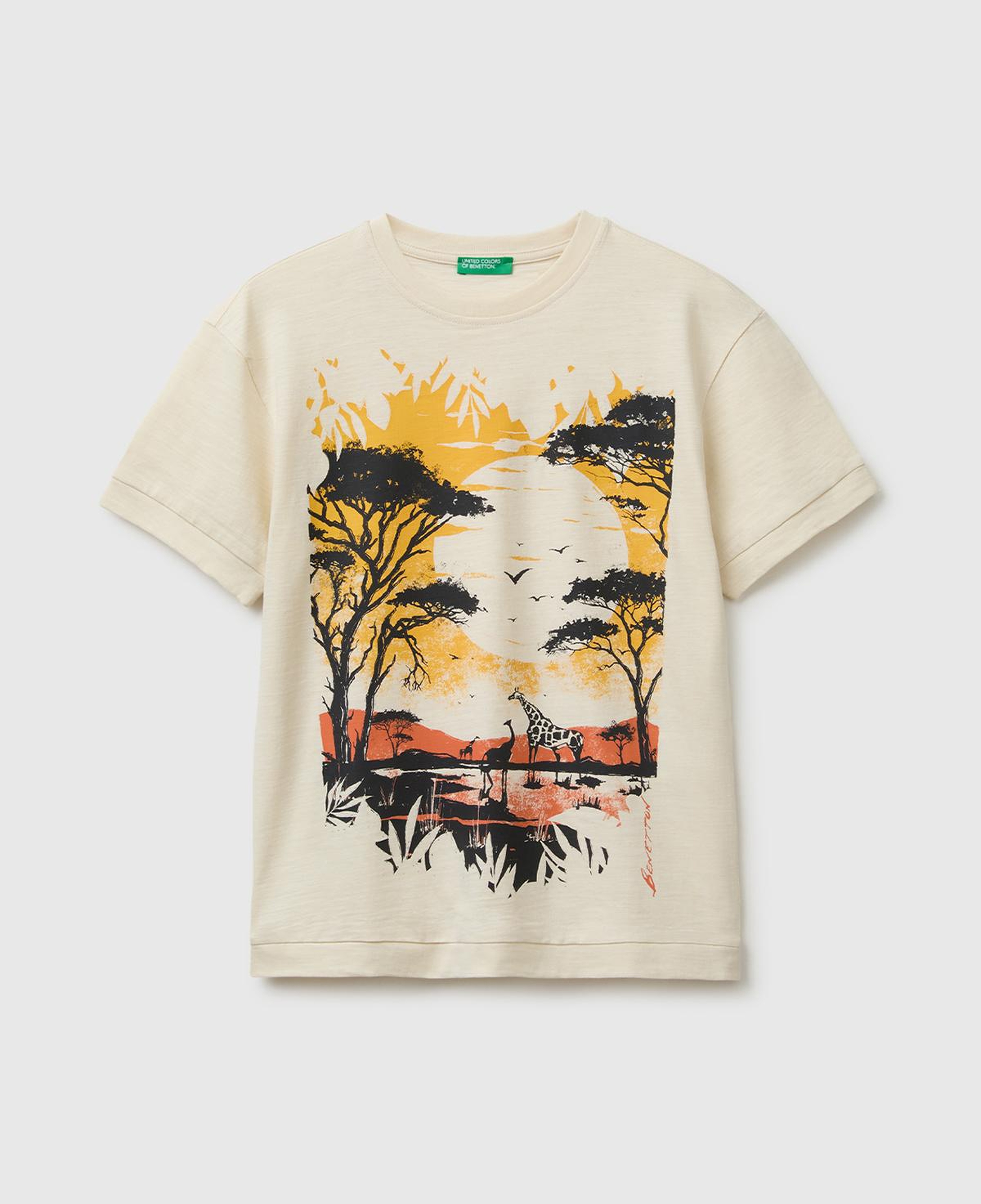 Erkek Çocuk Krem Önü Baskı Detaylı Bisiklet Yaka T-Shirt