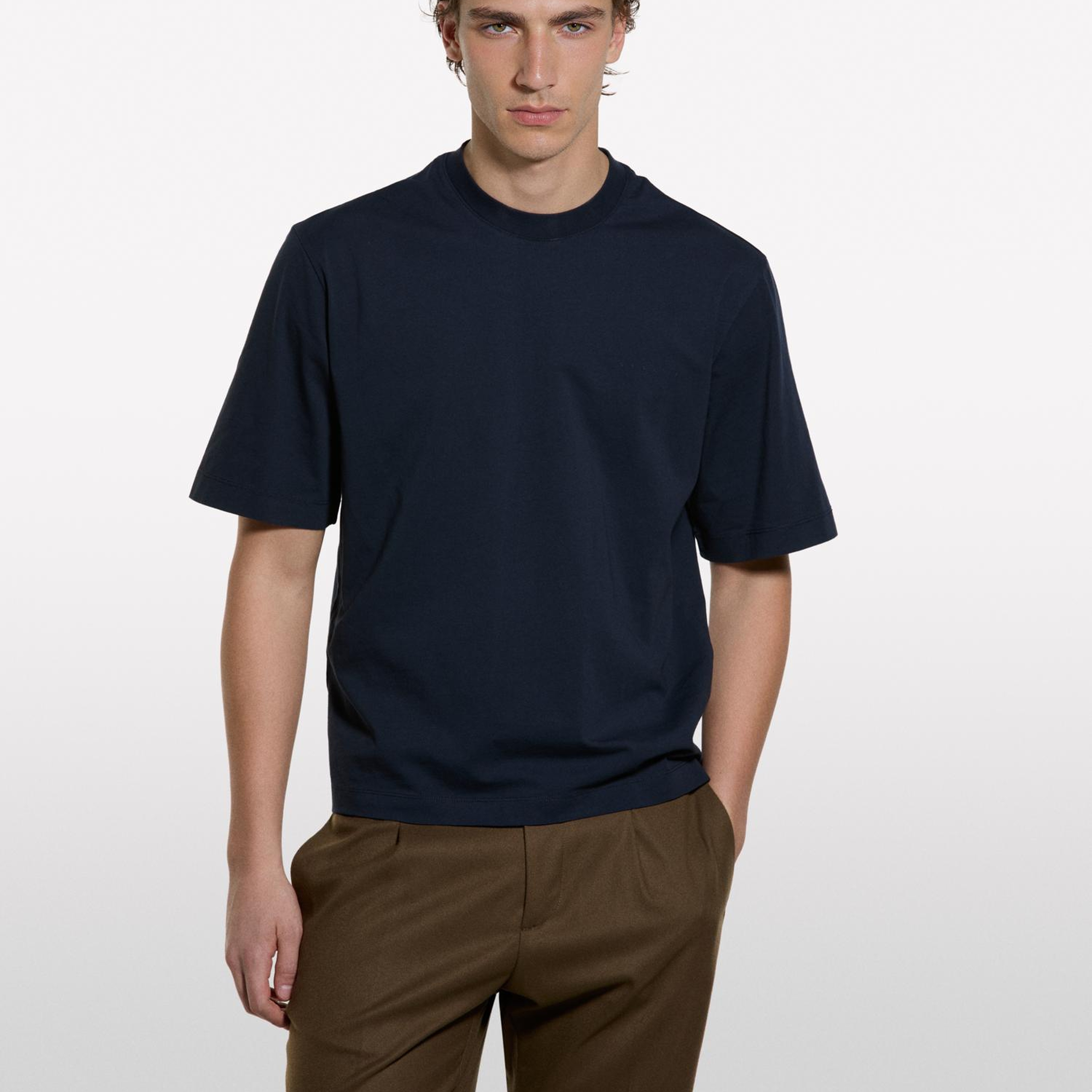 Erkek Lacivert %100 Pamuk Etiket Detaylı Bisiklet Yaka T-Shirt