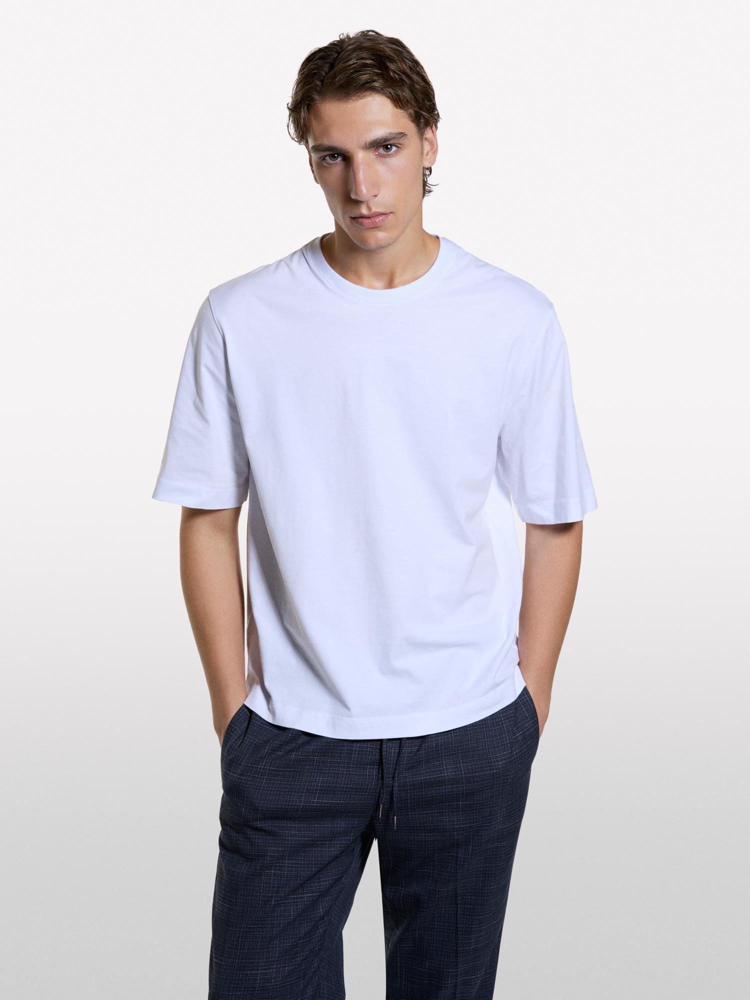 Erkek Beyaz %100 Pamuk Etiket Detaylı Bisiklet Yaka T-Shirt