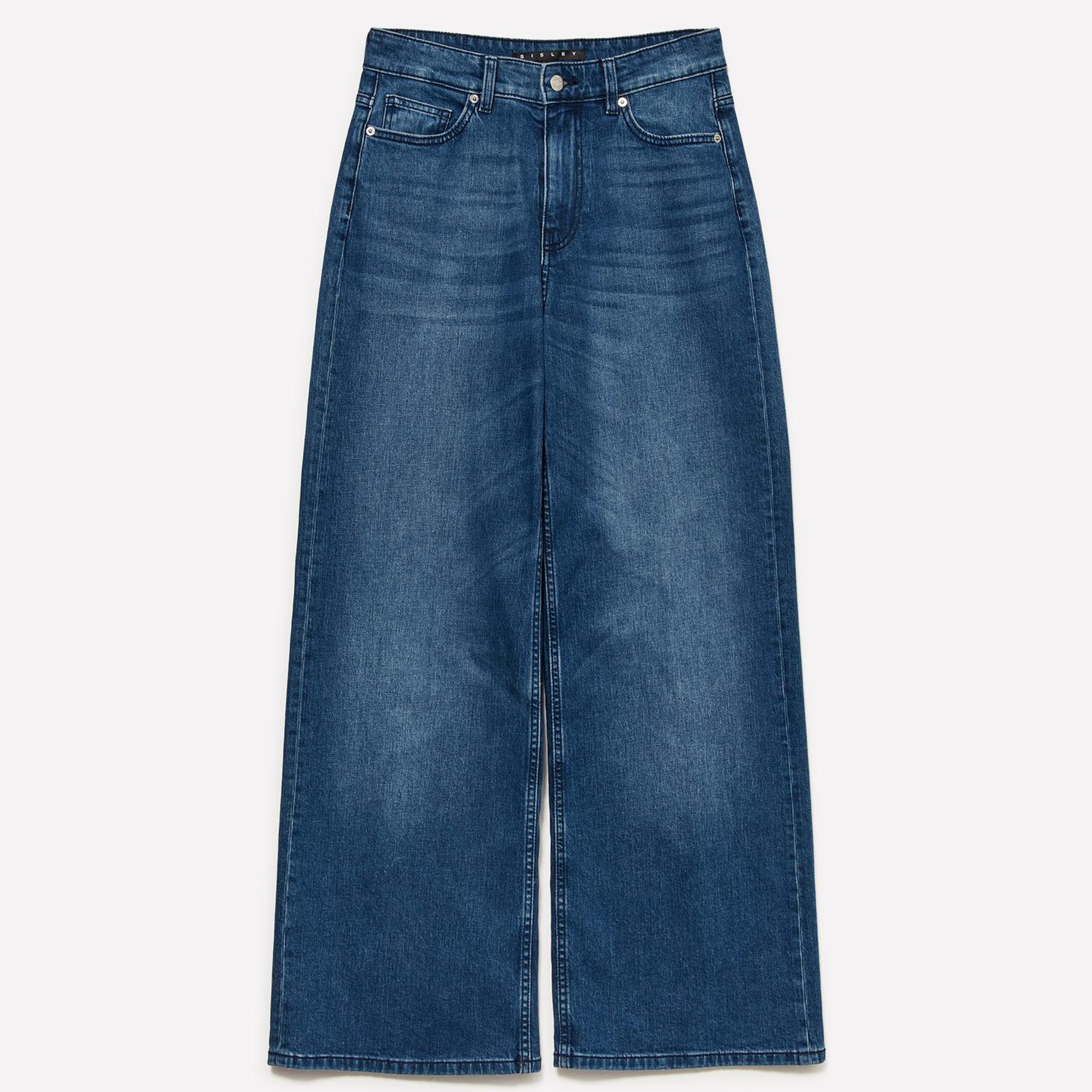 Kadın Koyu Mavi Pamuk Karışımlı Taş Yıkama Wide Fit Denim Pantolon
