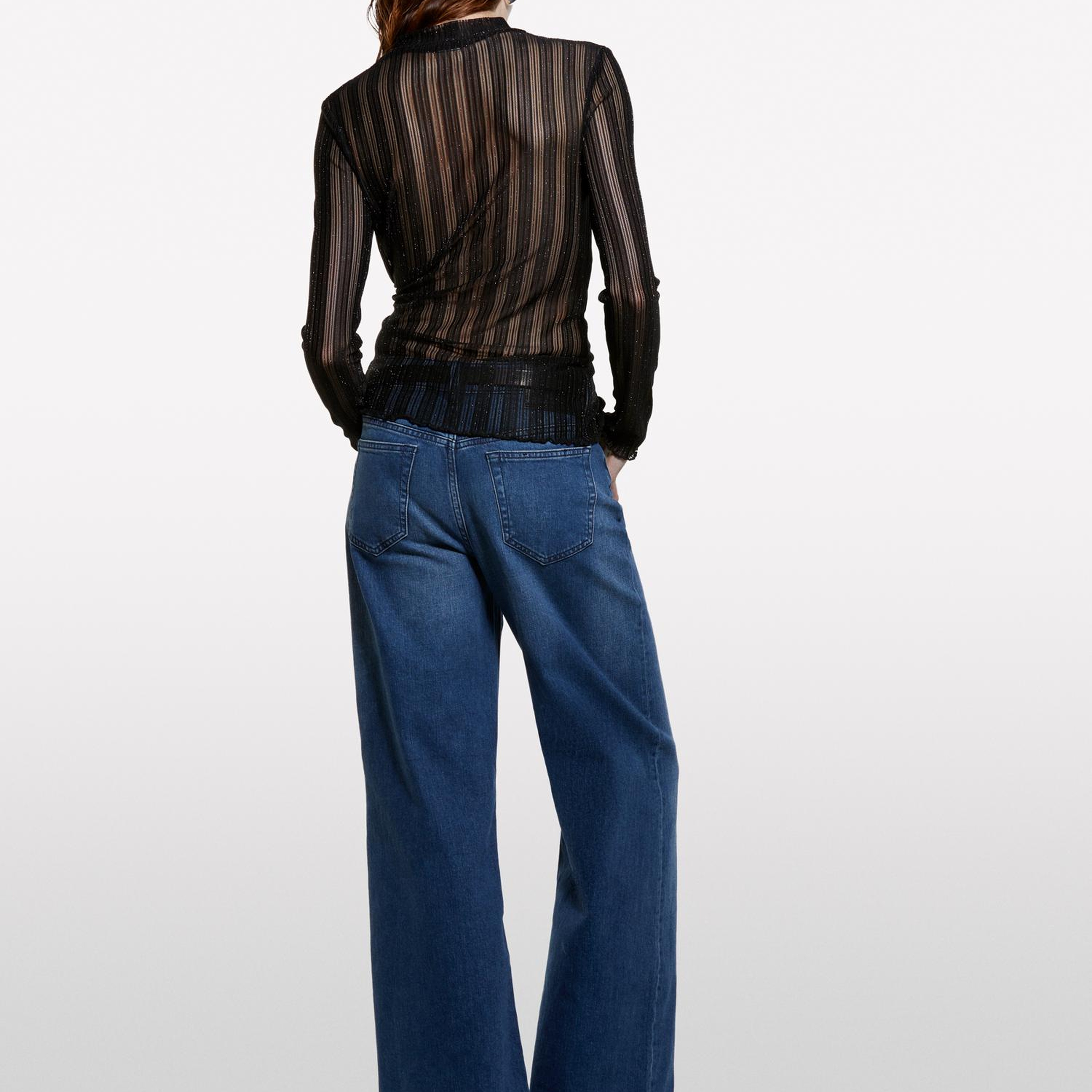 Kadın Koyu Mavi Pamuk Karışımlı Taş Yıkama Wide Fit Denim Pantolon