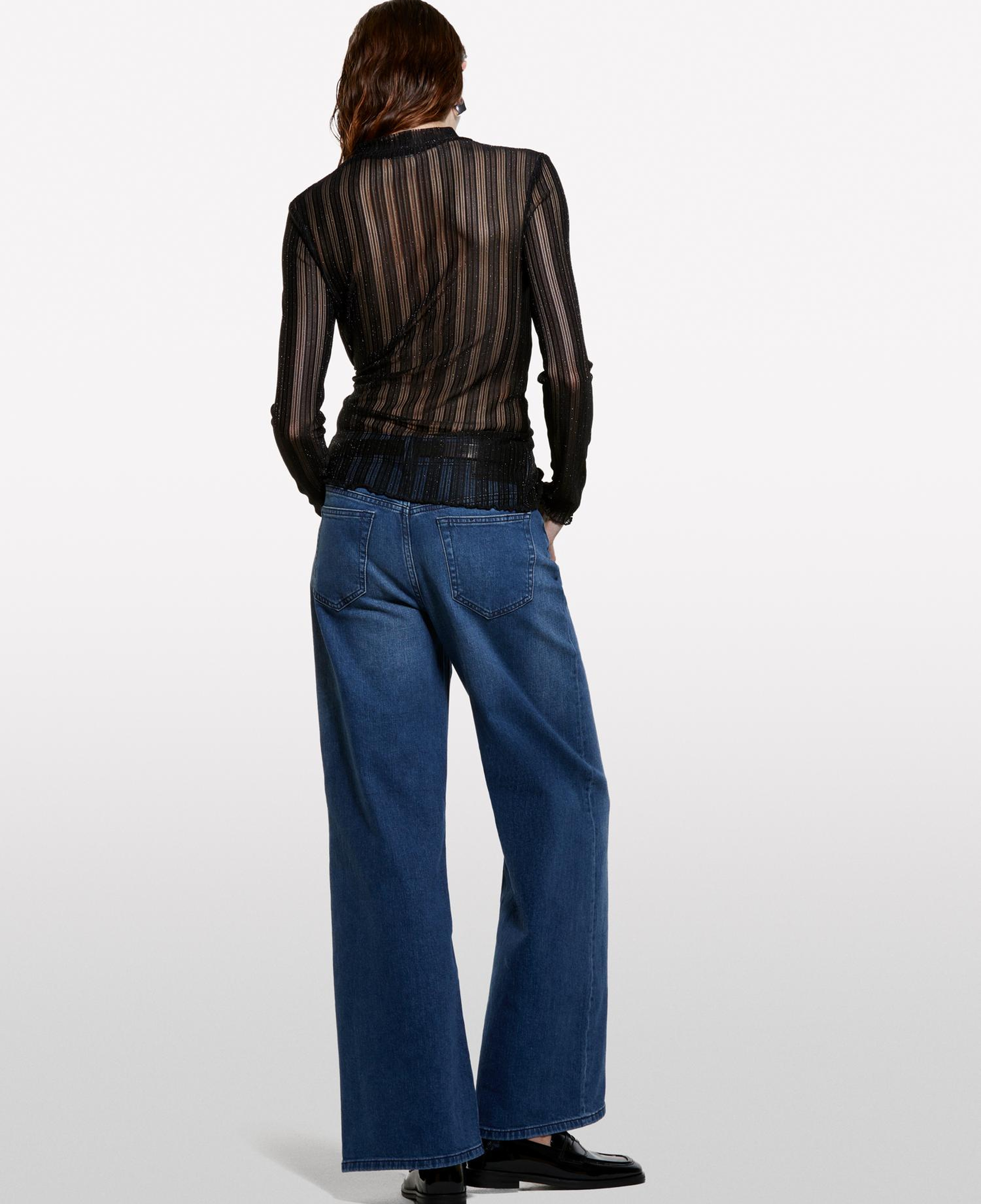 Kadın Koyu Mavi Pamuk Karışımlı Taş Yıkama Wide Fit Denim Pantolon