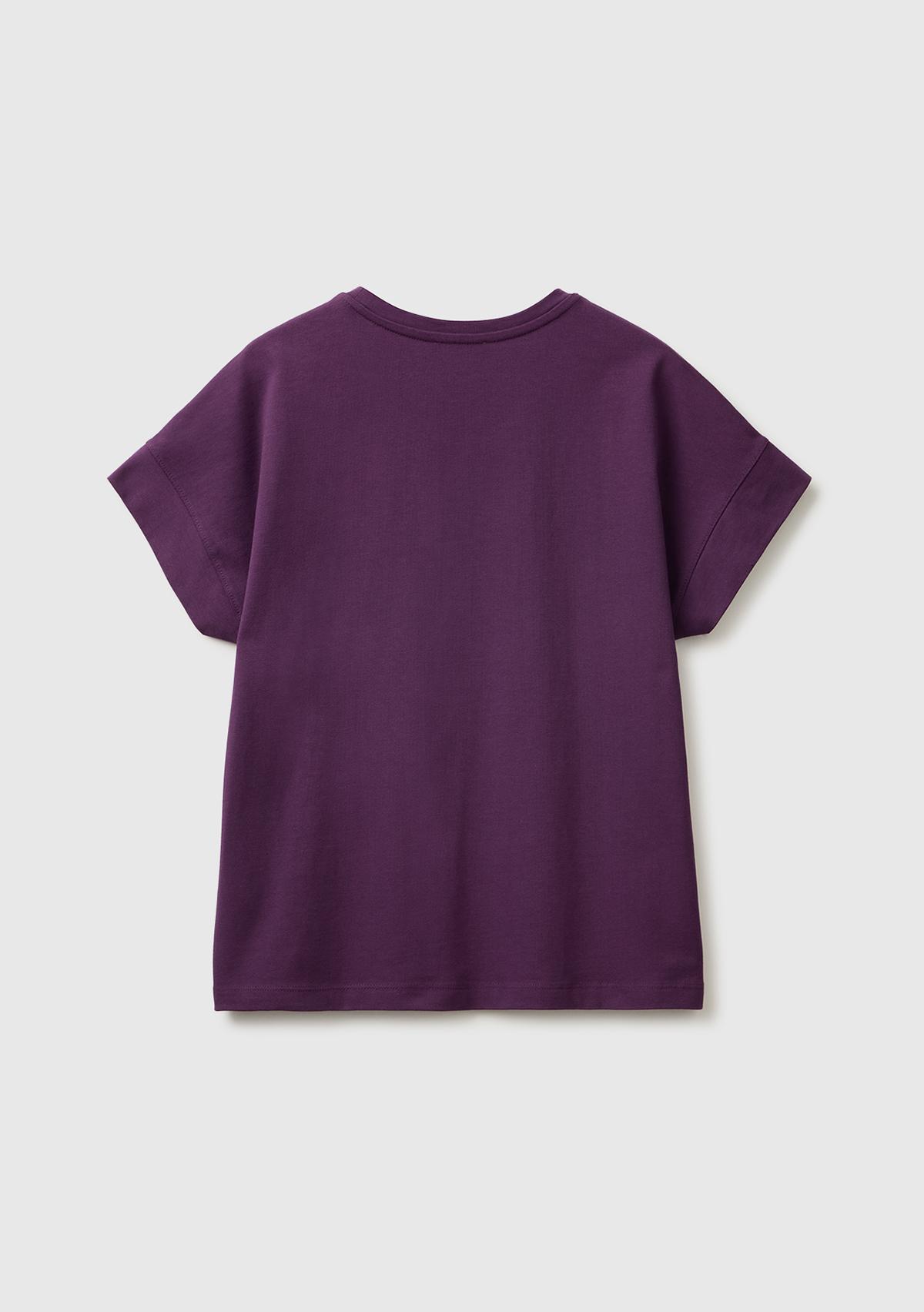 Kadın Mor %100 Pamuk Önü Baskı Detaylı Bisiklet Yaka T-Shirt