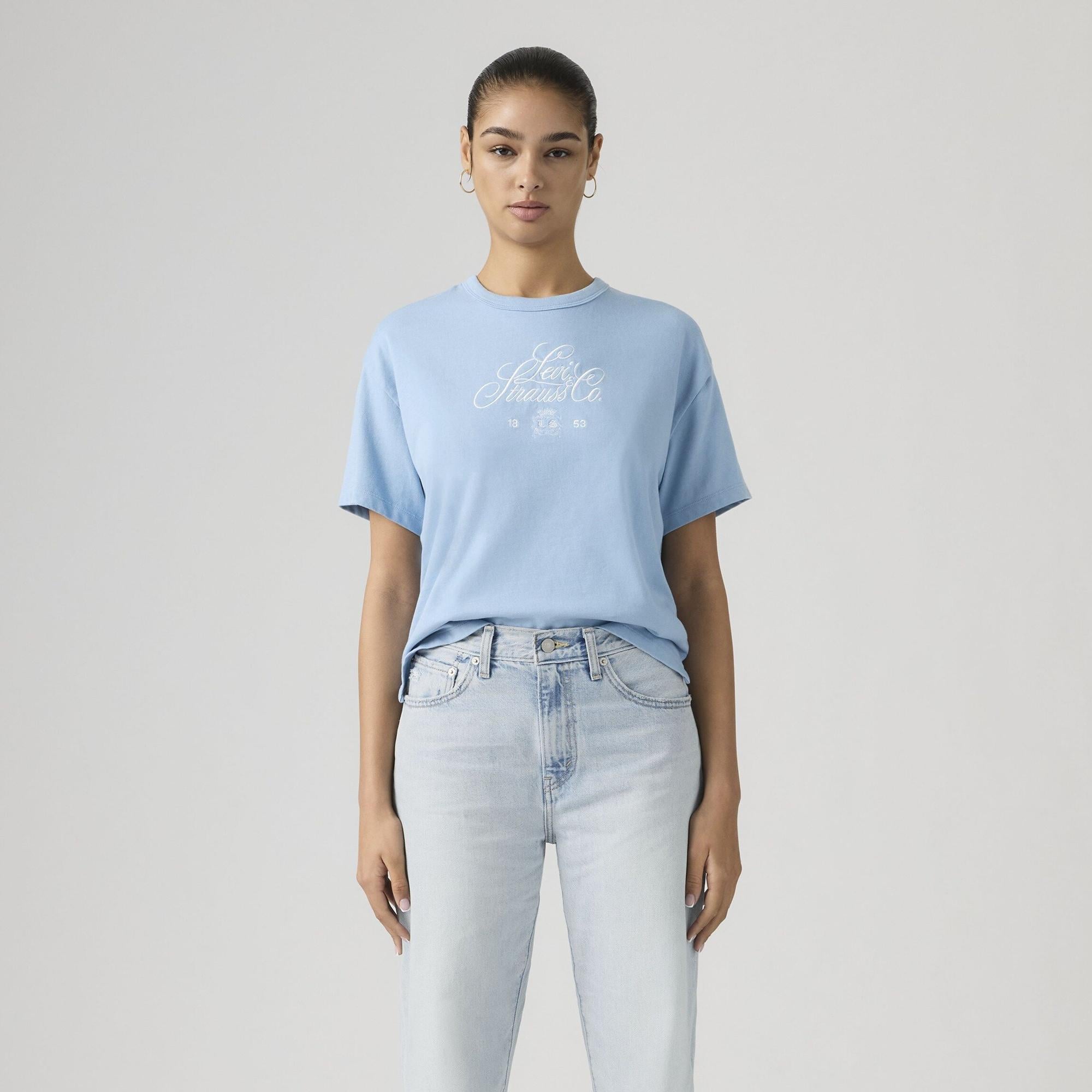 Vintage Baskılı Oversize Mavi Tişört