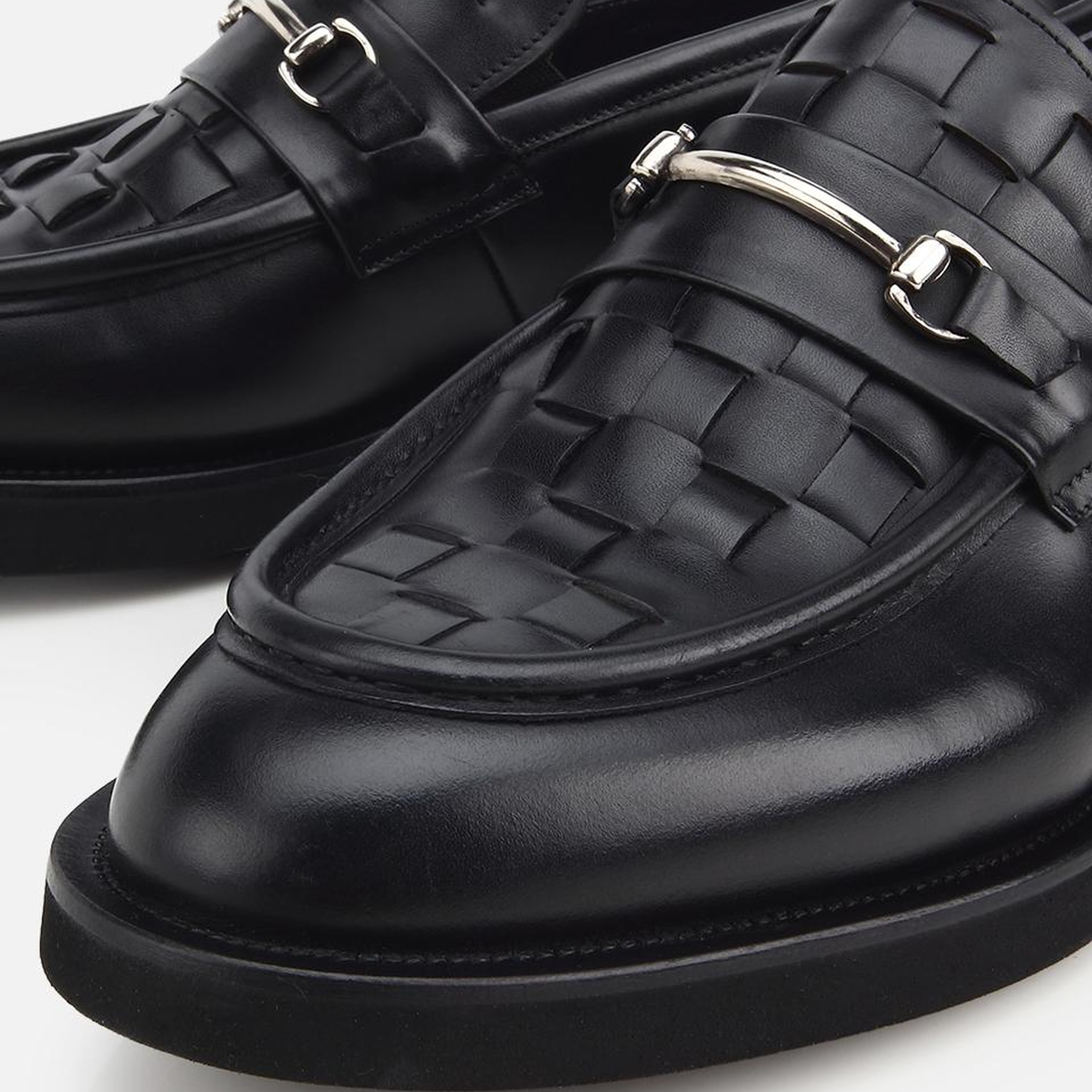 Erkek Deri Siyah Örme Metal Detaylı Klasik Loafer