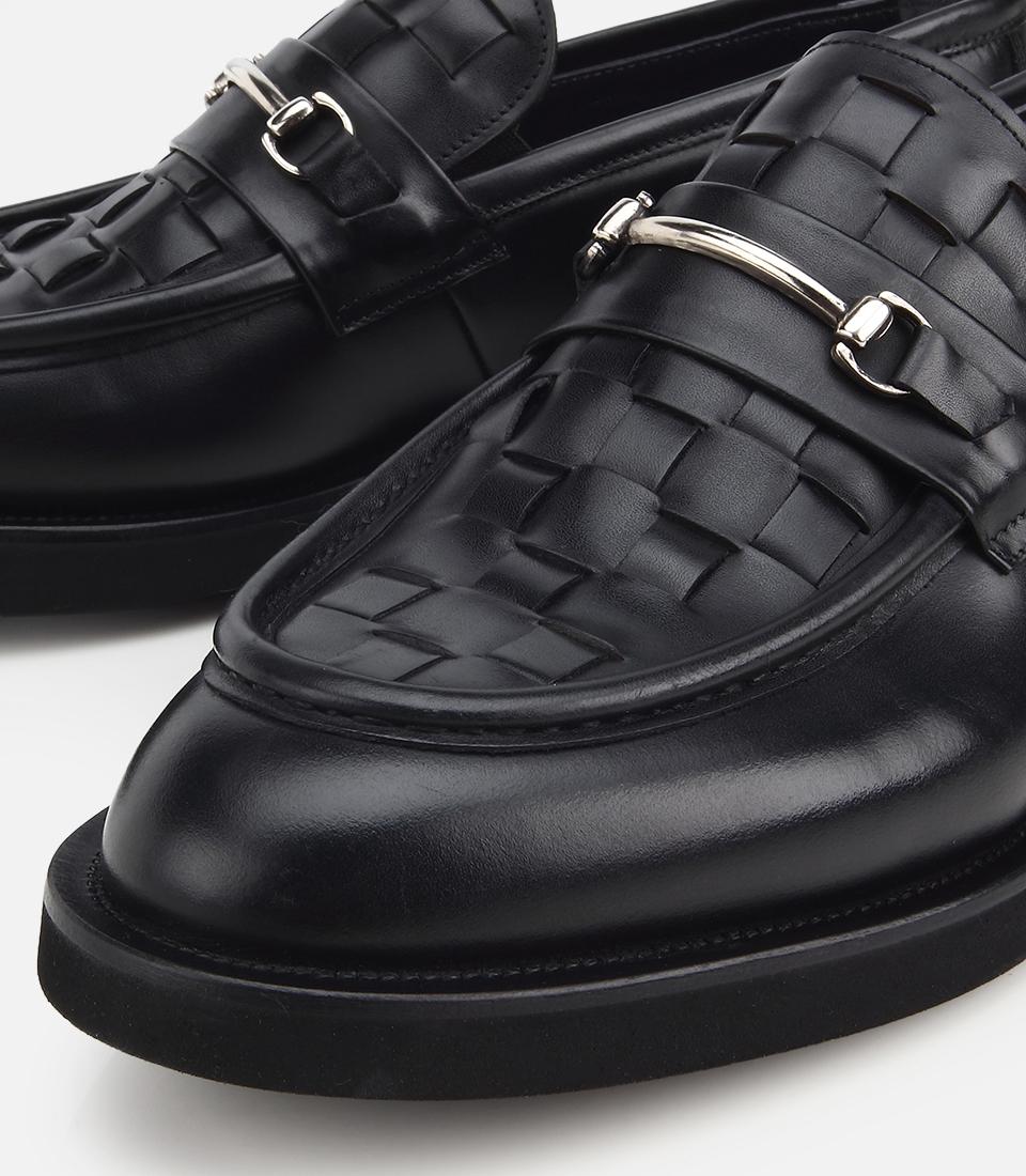 Erkek Deri Siyah Örme Metal Detaylı Klasik Loafer