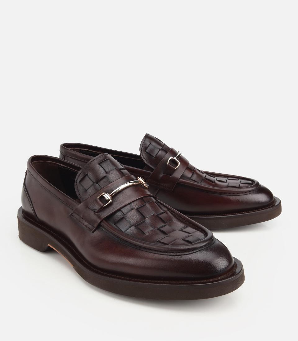 Erkek Deri Kahverengi Örme Metal Detaylı Klasik Loafer