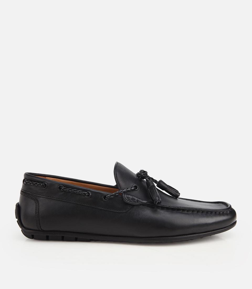 Erkek Deri Siyah Püskül Dikiş Detaylı Klasik Loafer