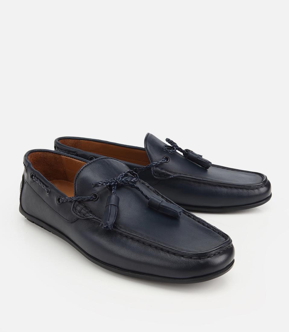 Erkek Deri Lacivert Püskül Dikiş Detaylı Klasik Loafer