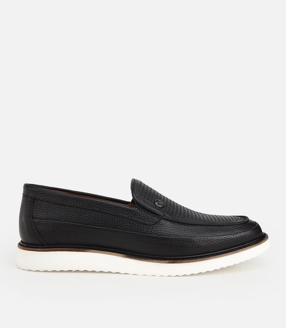 Erkek Deri Siyah  Delikli Hafif Tabanlı Klasik Loafer