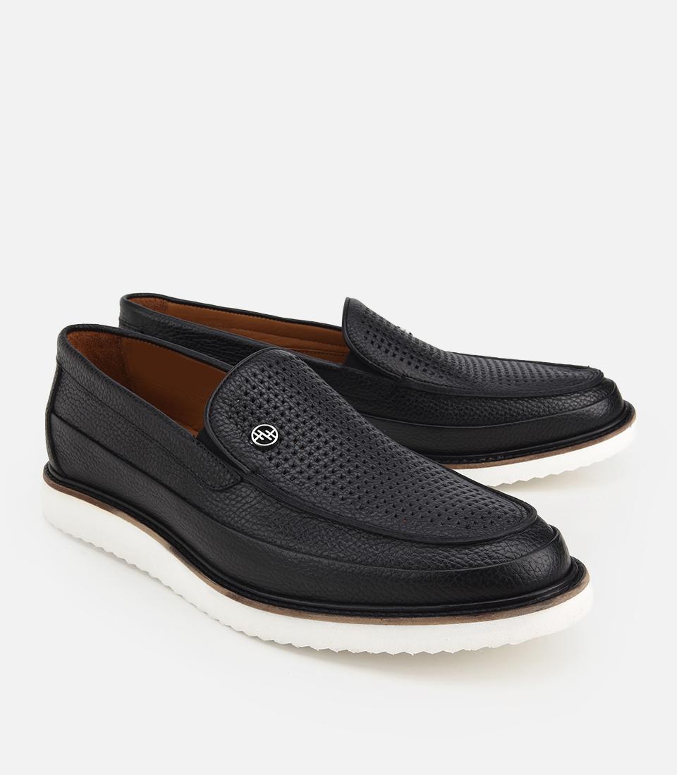 Erkek Deri Siyah  Delikli Hafif Tabanlı Klasik Loafer