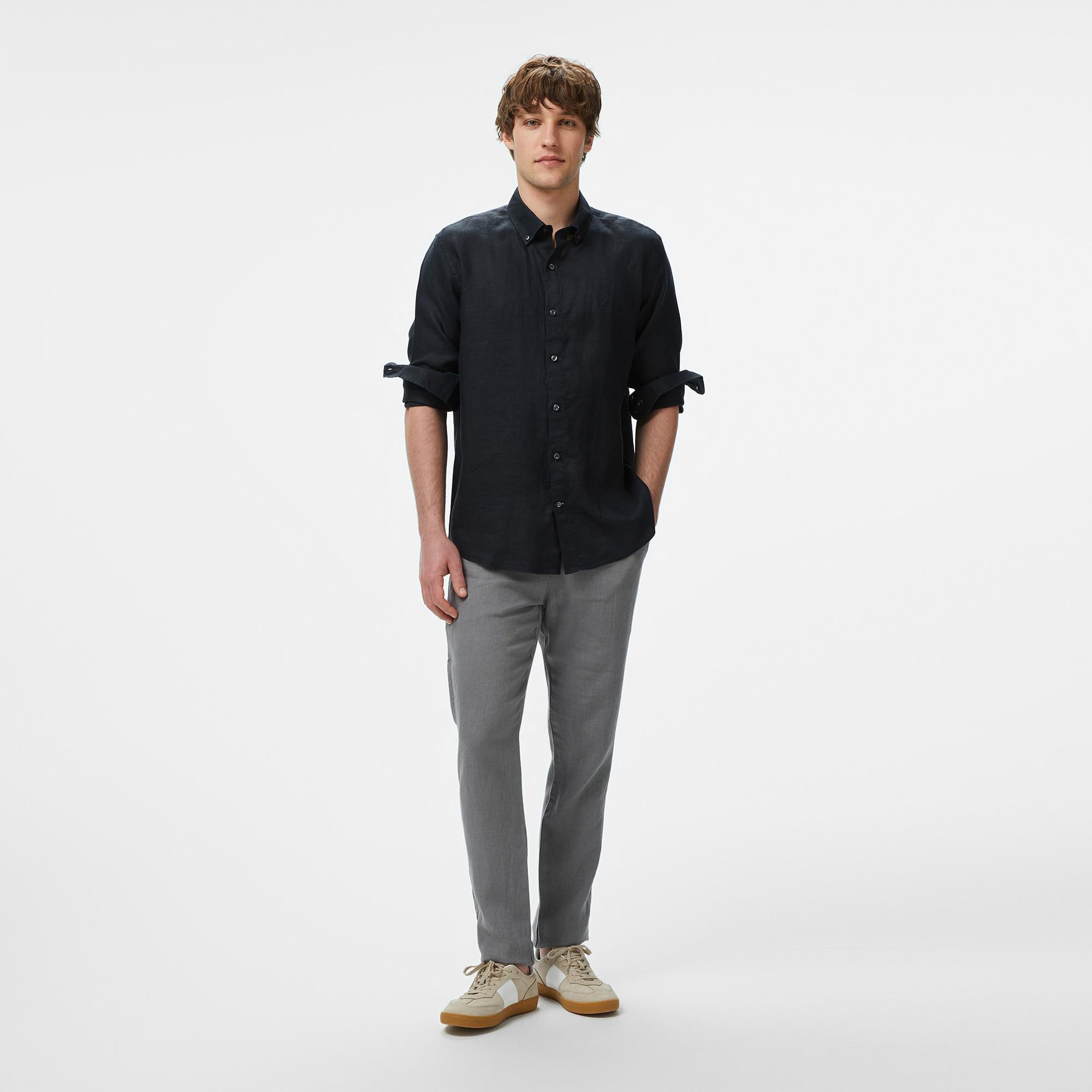 Nautica Erkek Siyah Classic Fit Keten Gömlek