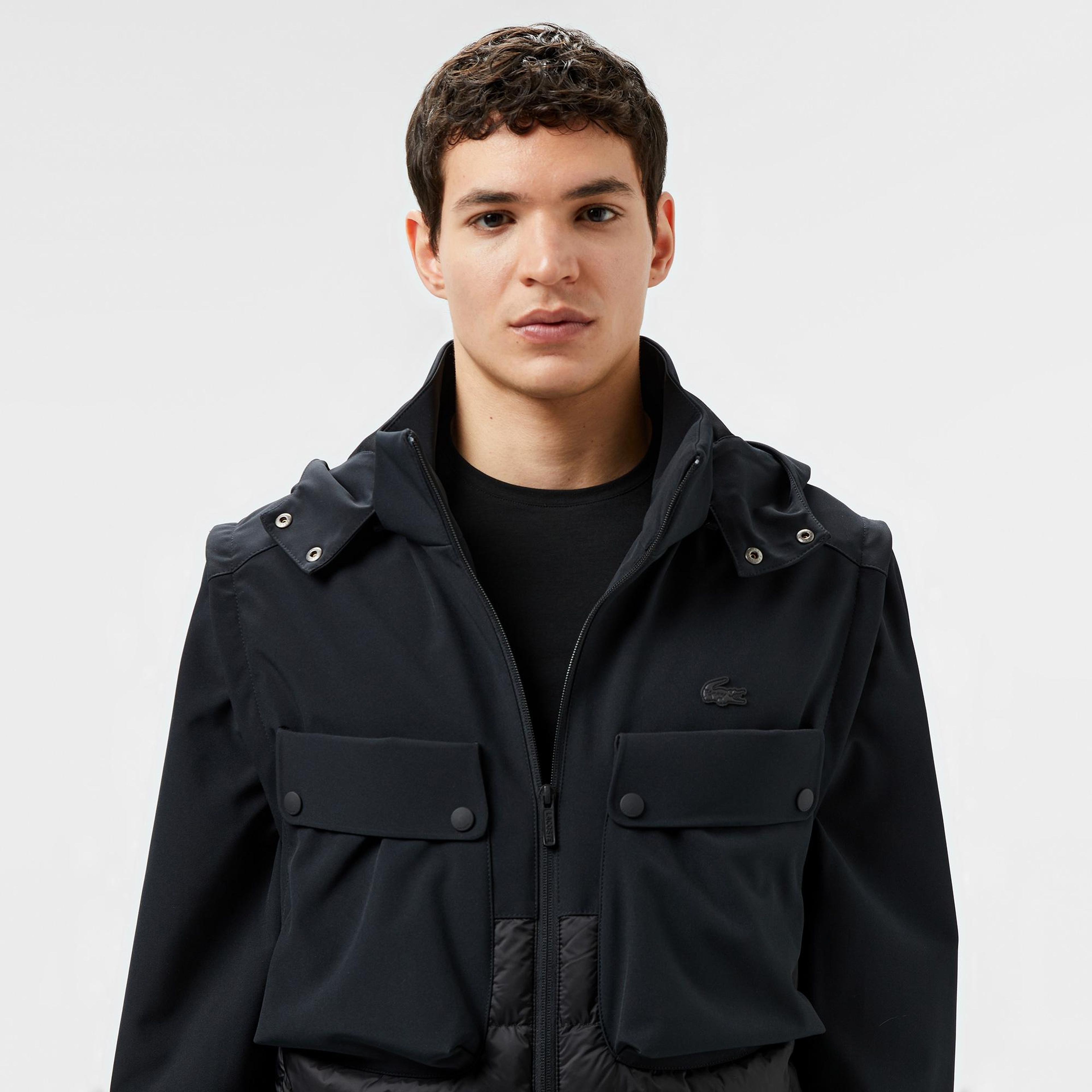 Erkek Regular Fit Kapüşonlu Baskılı Siyah Mont