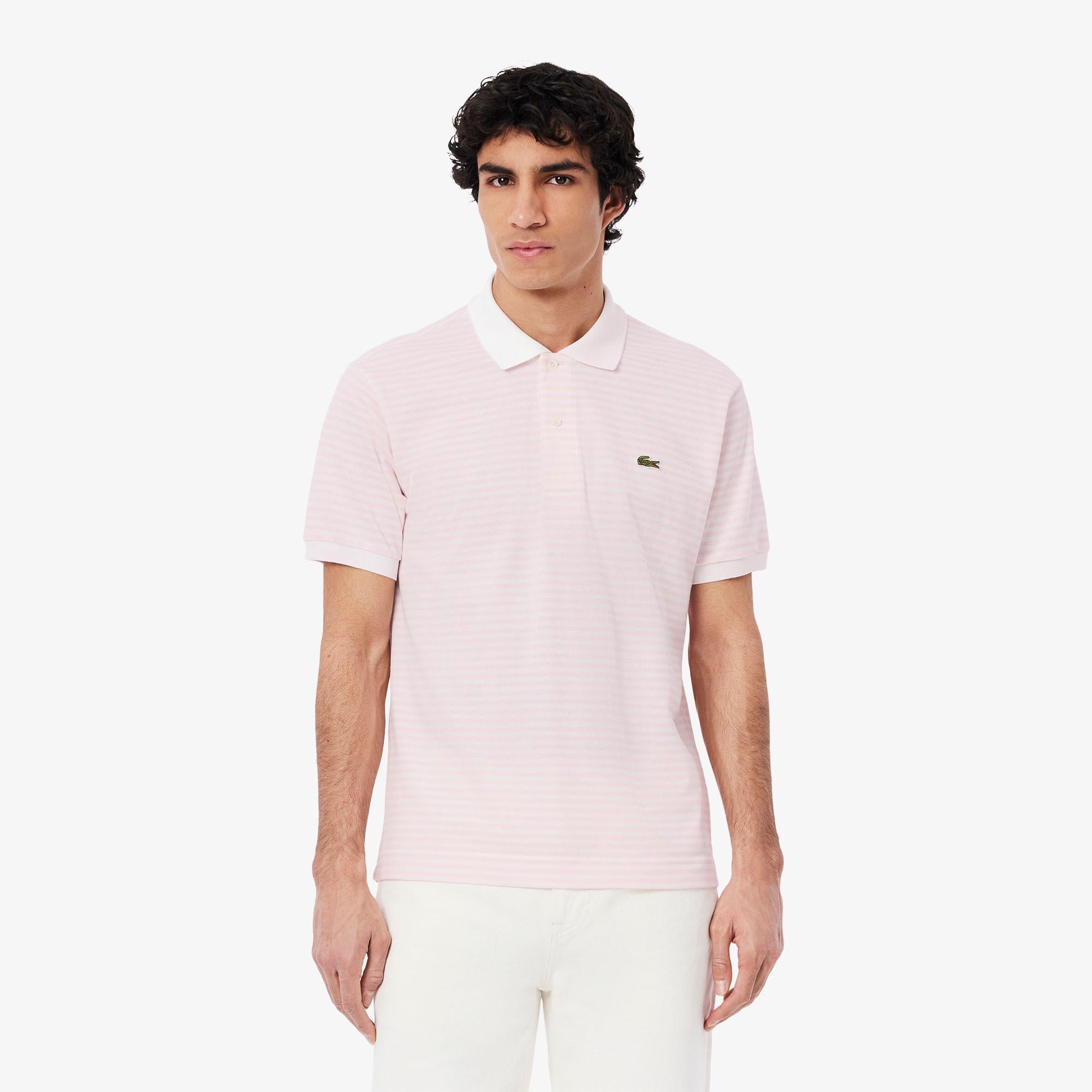 L.12.12 Erkek Classic Fit Çizgili Pembe Polo