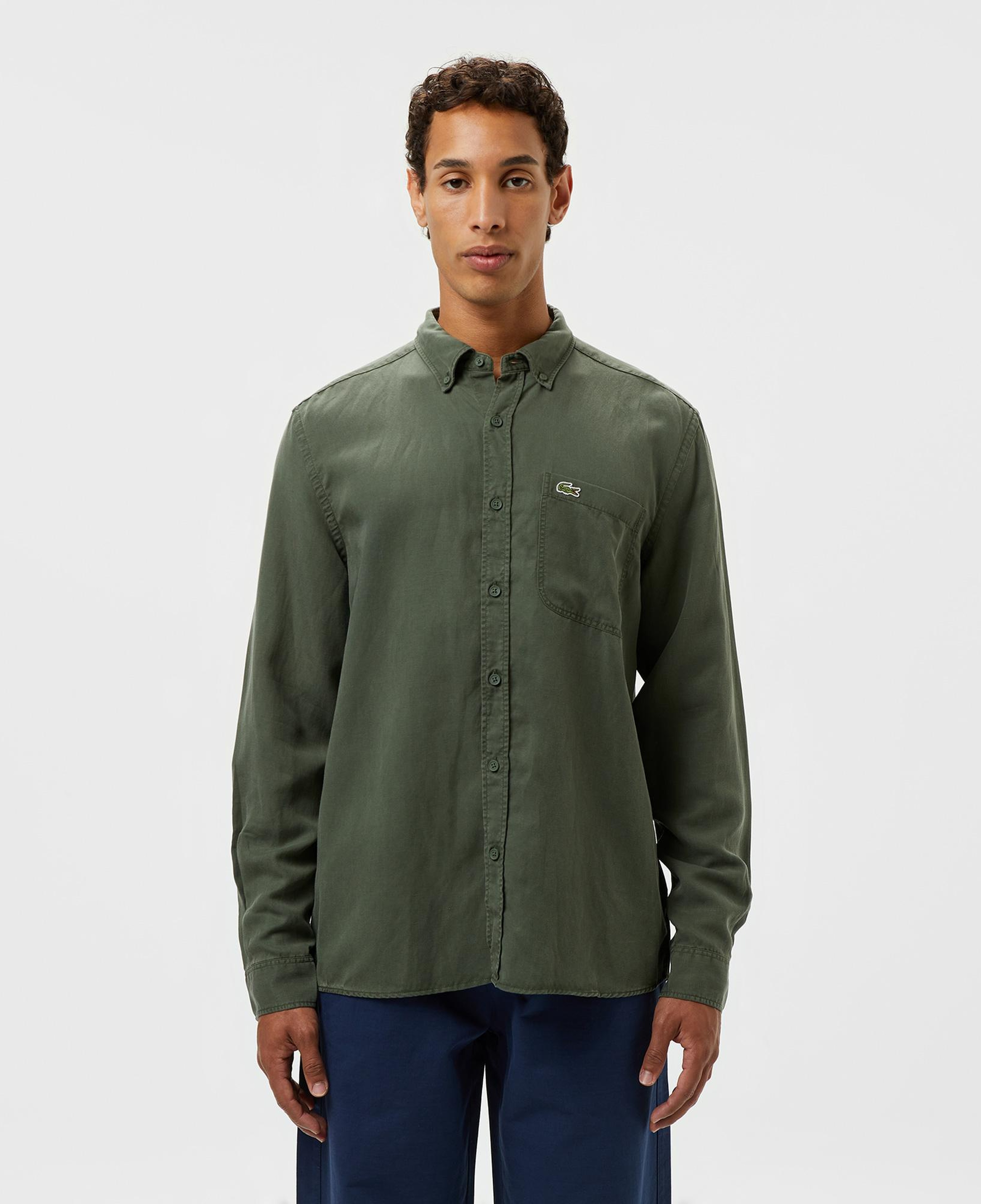 Erkek Slim Fit Düğmeli Yaka Haki Gömlek