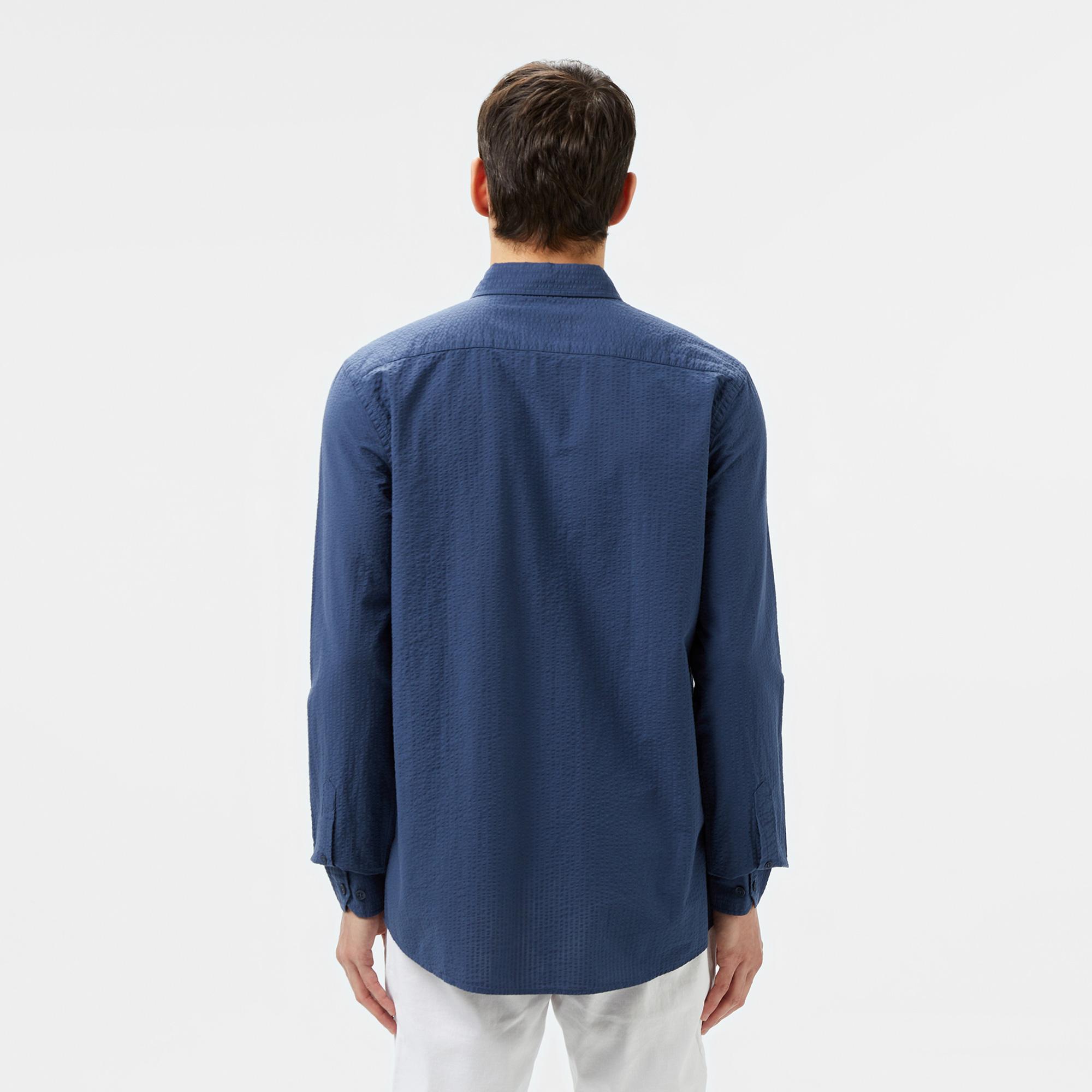 Erkek Slim Fit Düğmeli Yaka Lacivert Gömlek