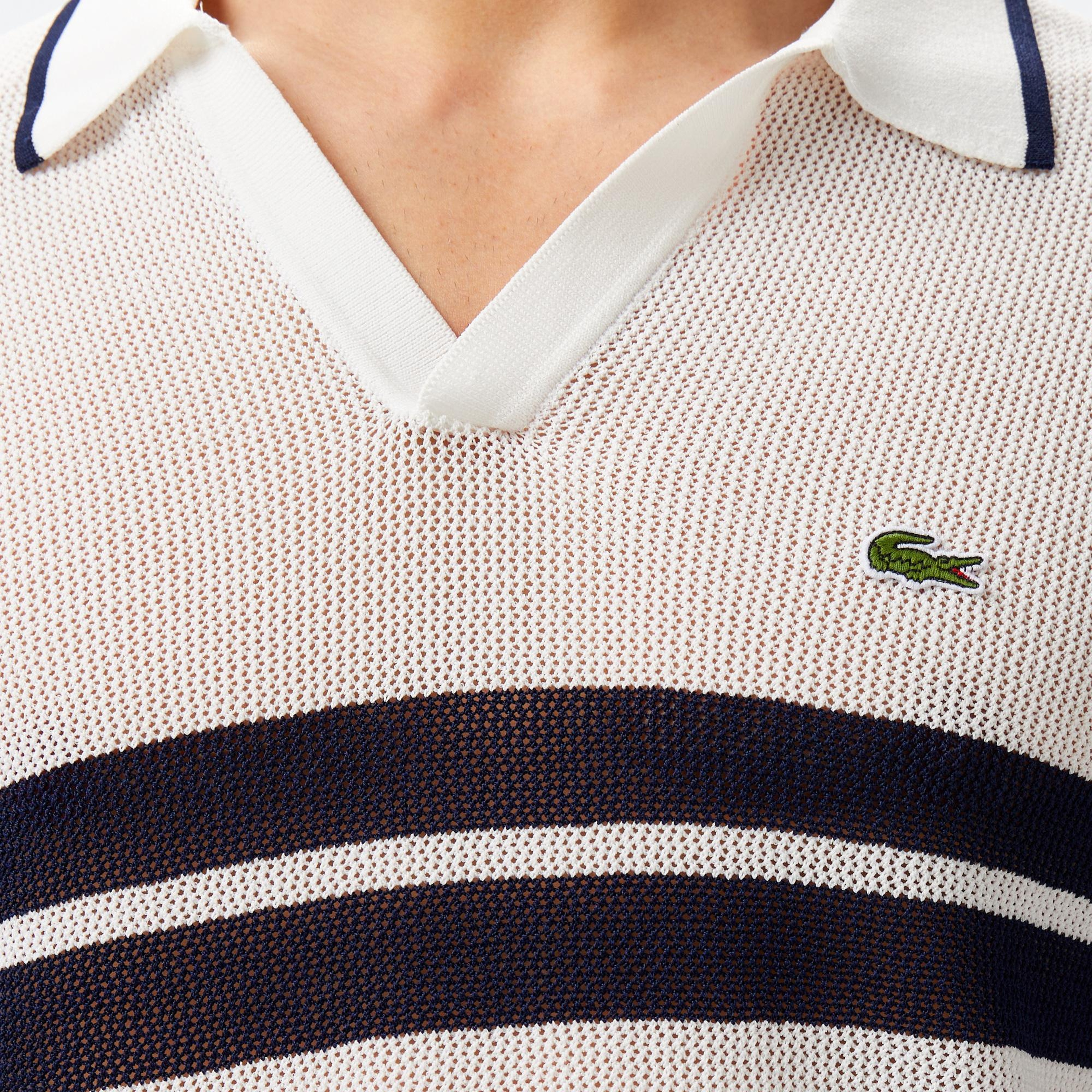 Erkek Classic Fit Kısa Kollu Polo Yaka Çizgili Beyaz Triko