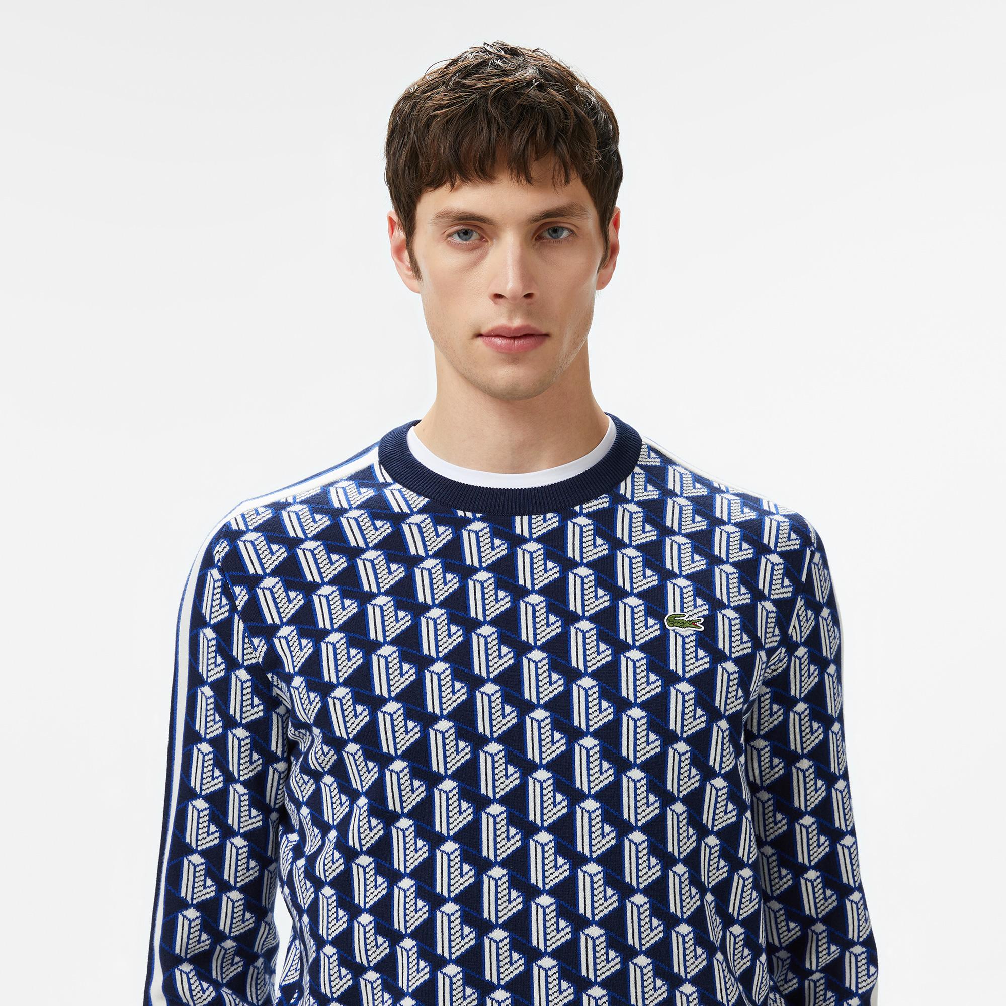 Erkek Classic Fit Bisiklet Yaka Monogram Lacivert Kazak