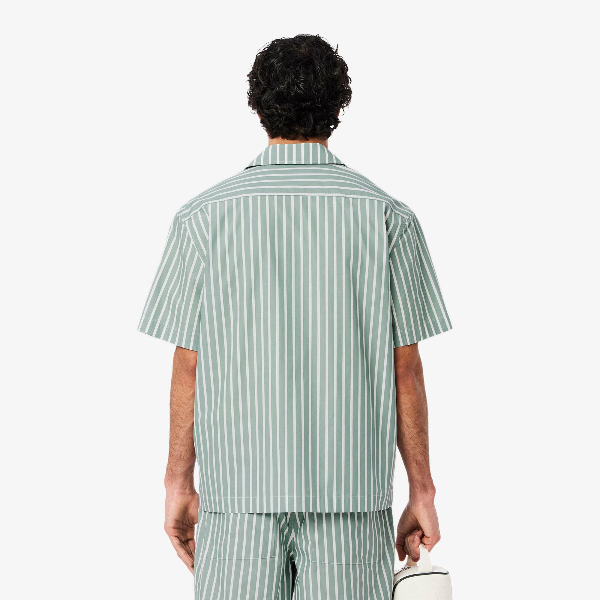 Erkek Relaxed Fit Kısa Kollu Çizgili Yeşil Gömlek