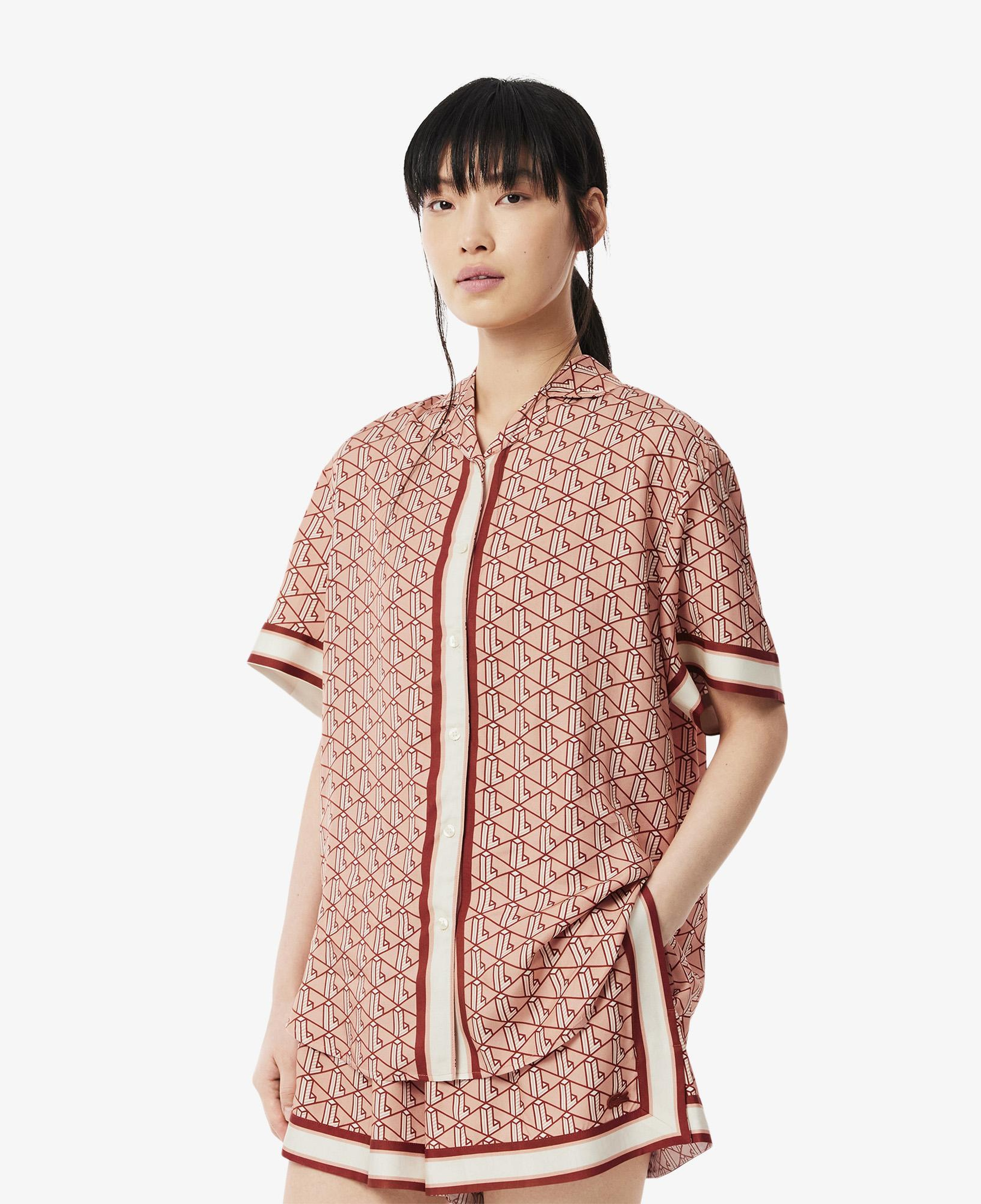 Kadın Oversize Fit Kısa Kollu Monogram Bej Gömlek