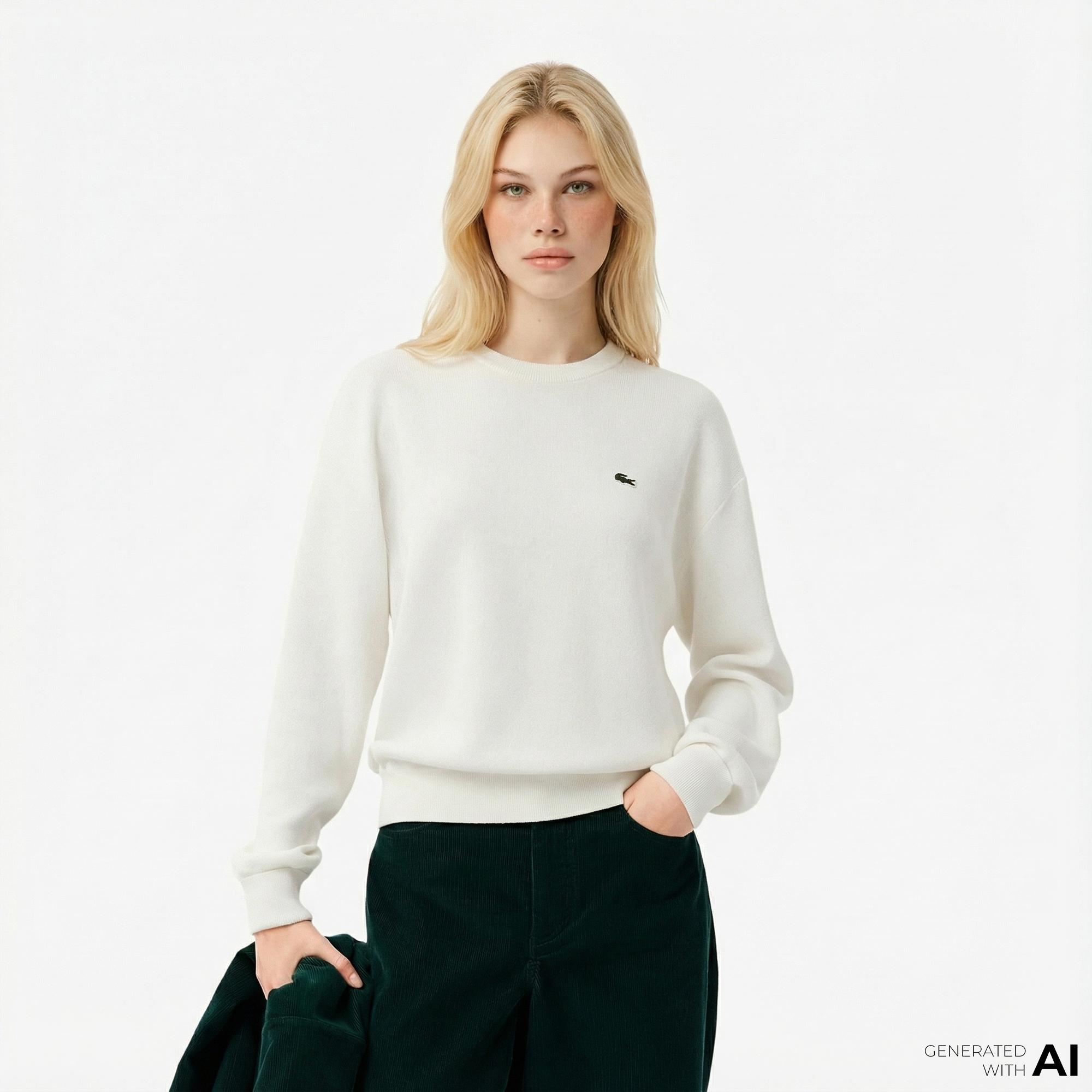 Lacoste Kadın Relaxed Fit Bisiklet Yaka Beyaz Kazak