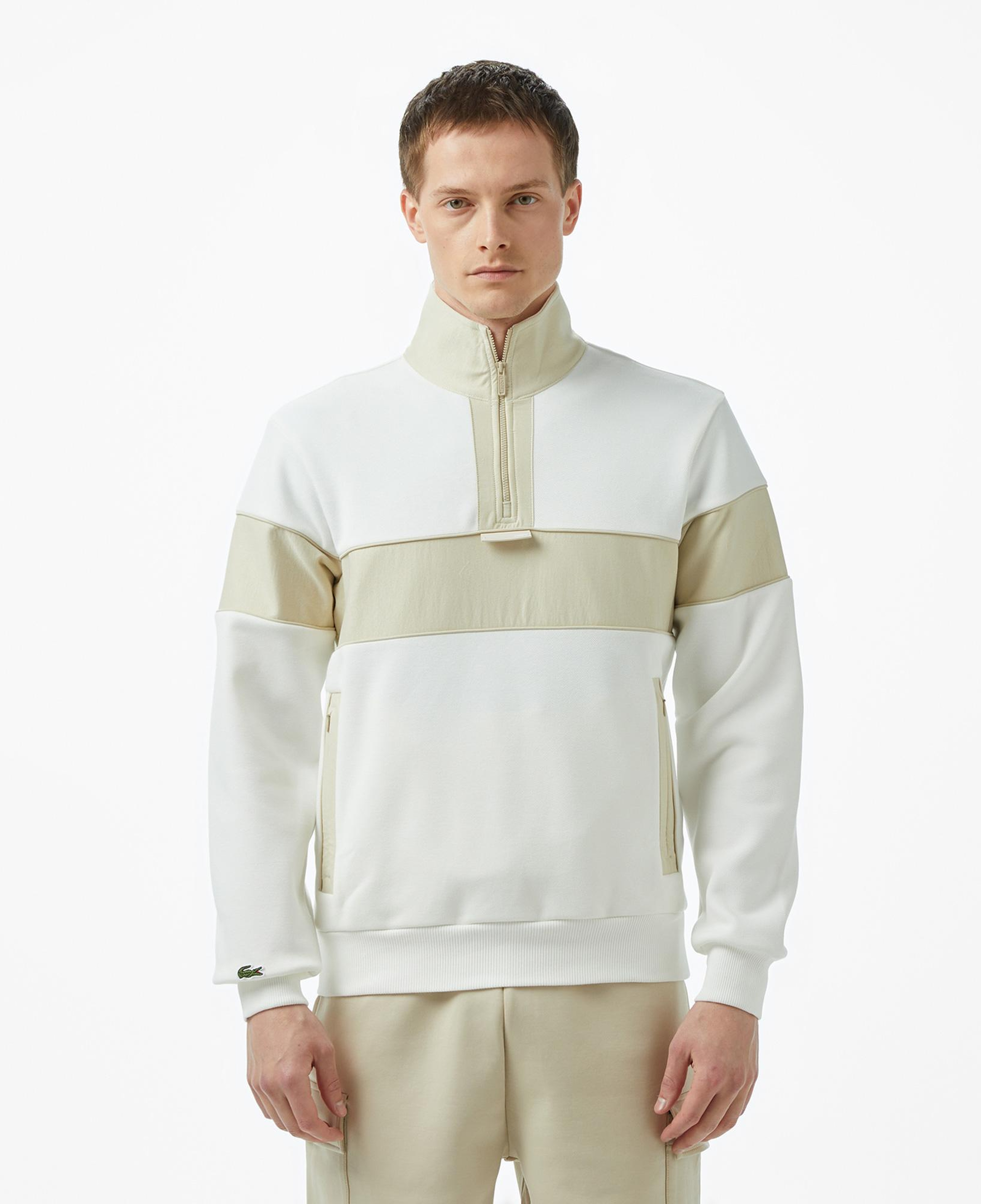 Erkek Classic Fit Yarım Fermuarlı Renk Bloklu Beyaz Sweatshirt
