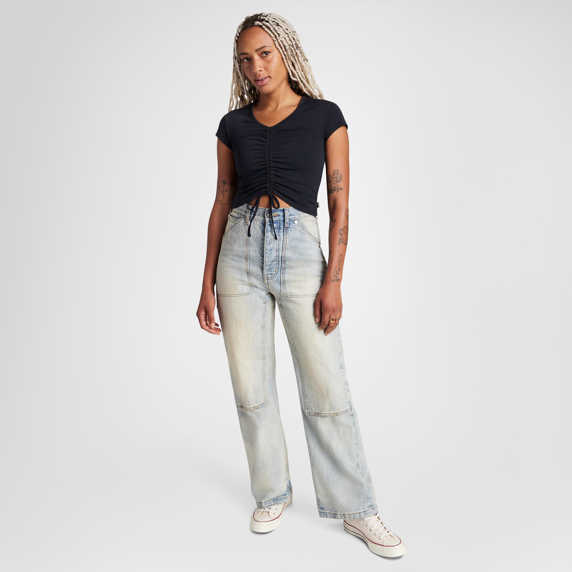 Converse Classic Kadın Slim Fit V Yaka Büzgülü Siyah T-Shirt