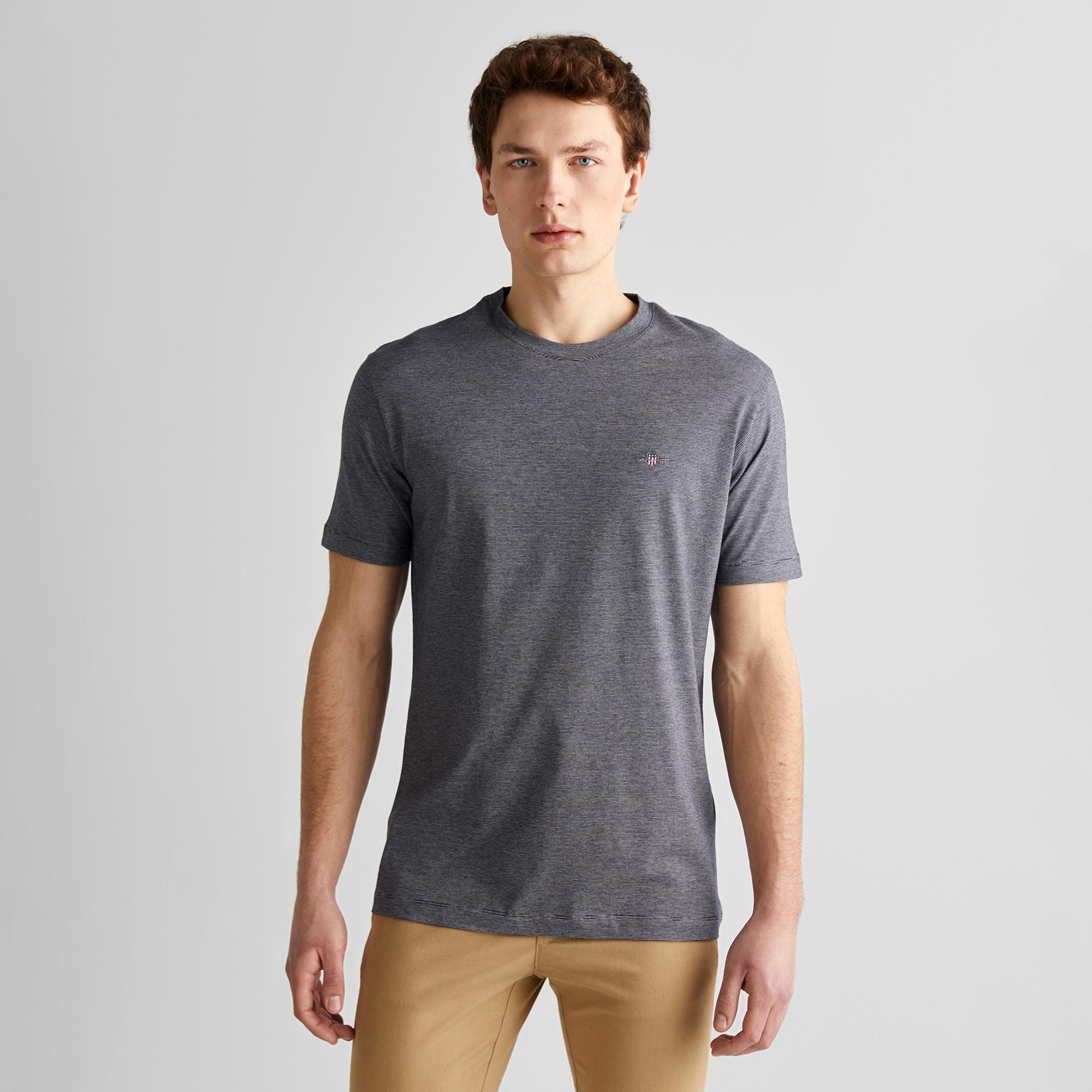 GANT Erkek Lacivert Regular Fit Bisiklet Yaka Çizgili T-Shirt